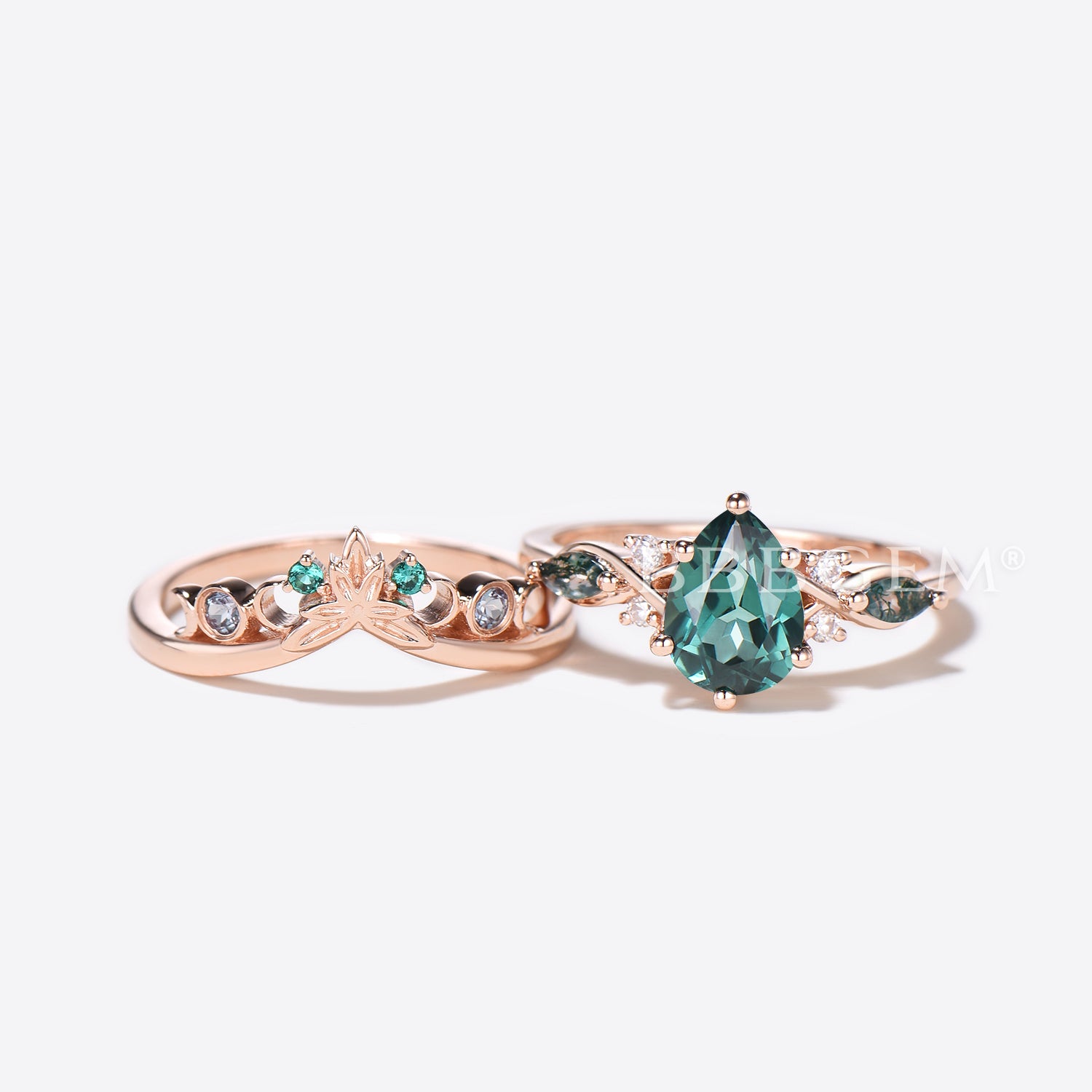 Teardrop Green Sapphire Engagement Ring & Celtic Moon Wedding Ring Set - Vintage Celtic Knot Design for Brides, Promise Rings, Anniversary Gifts