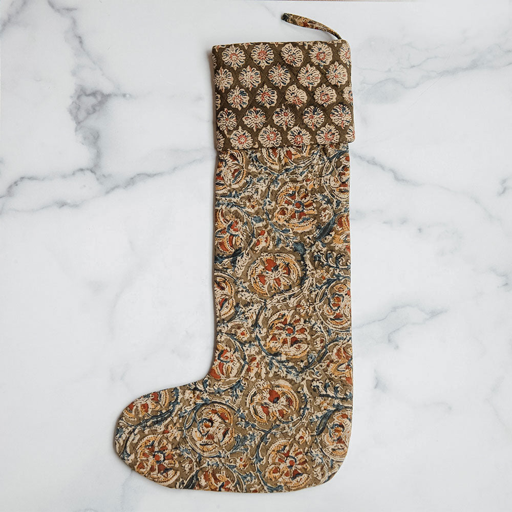 Unique Handmade Block Printed Christmas Stocking No. 0594 - Perfect for Holiday Decor, Gift Giving & Festive Home Styling