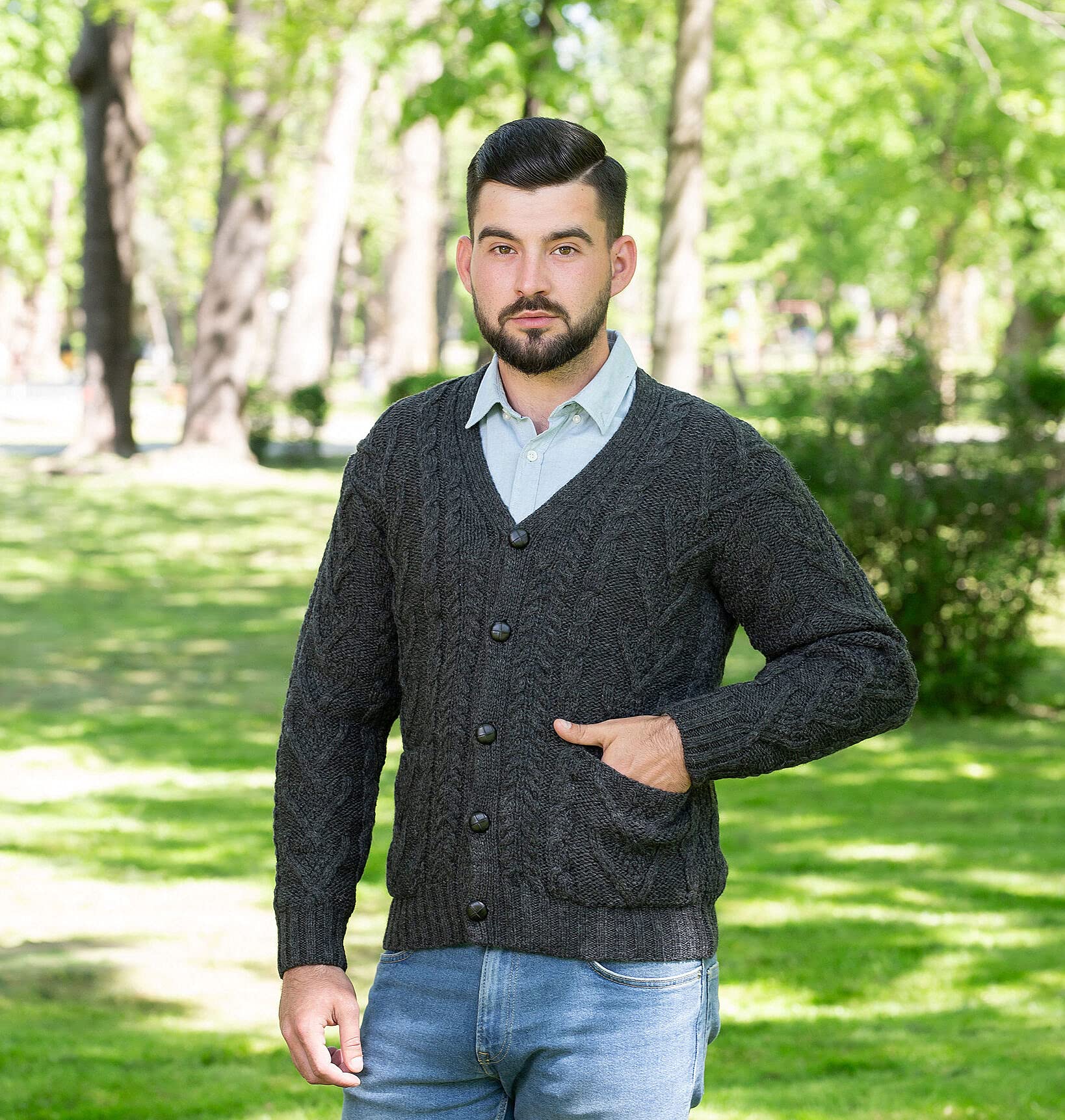 SAOL 100% Merino Wool Men's Aran Cable Knit V-Neck Cardigan Sweater - Irish Style Button-Up Casual Pullover with Pockets - Perfect for Fall, Winter & Office Wear