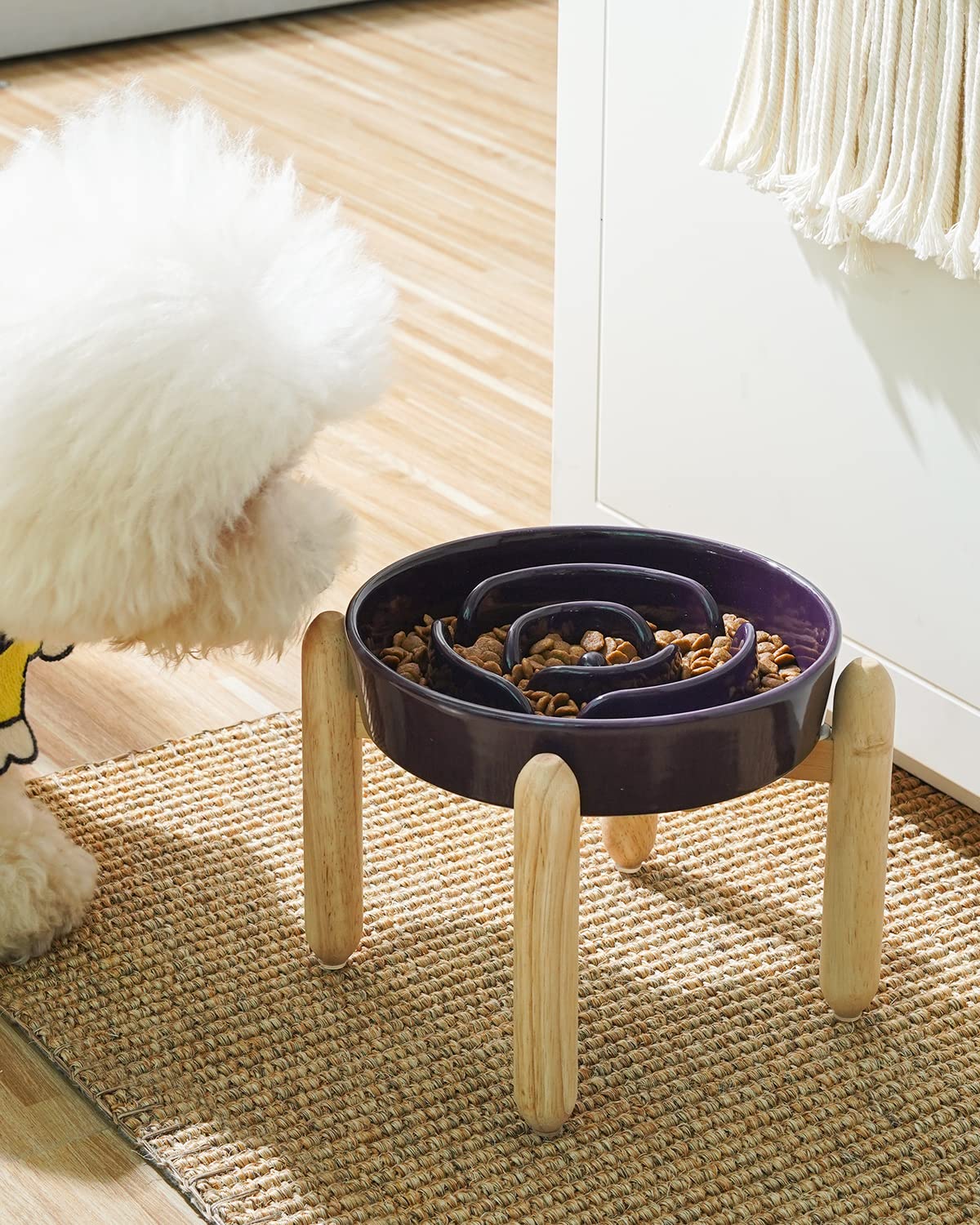 LE TAUCI Ceramic Slow Feeder Raised Dog Bowls with Wooden Stand - Puzzle Feeder for Medium Dogs - 8 Inch Anti-Gulping Elevated Pet Dish - Perfect for Fast Eaters & Digestive Health - Great for Home, Kitchen or Outdoor Use
