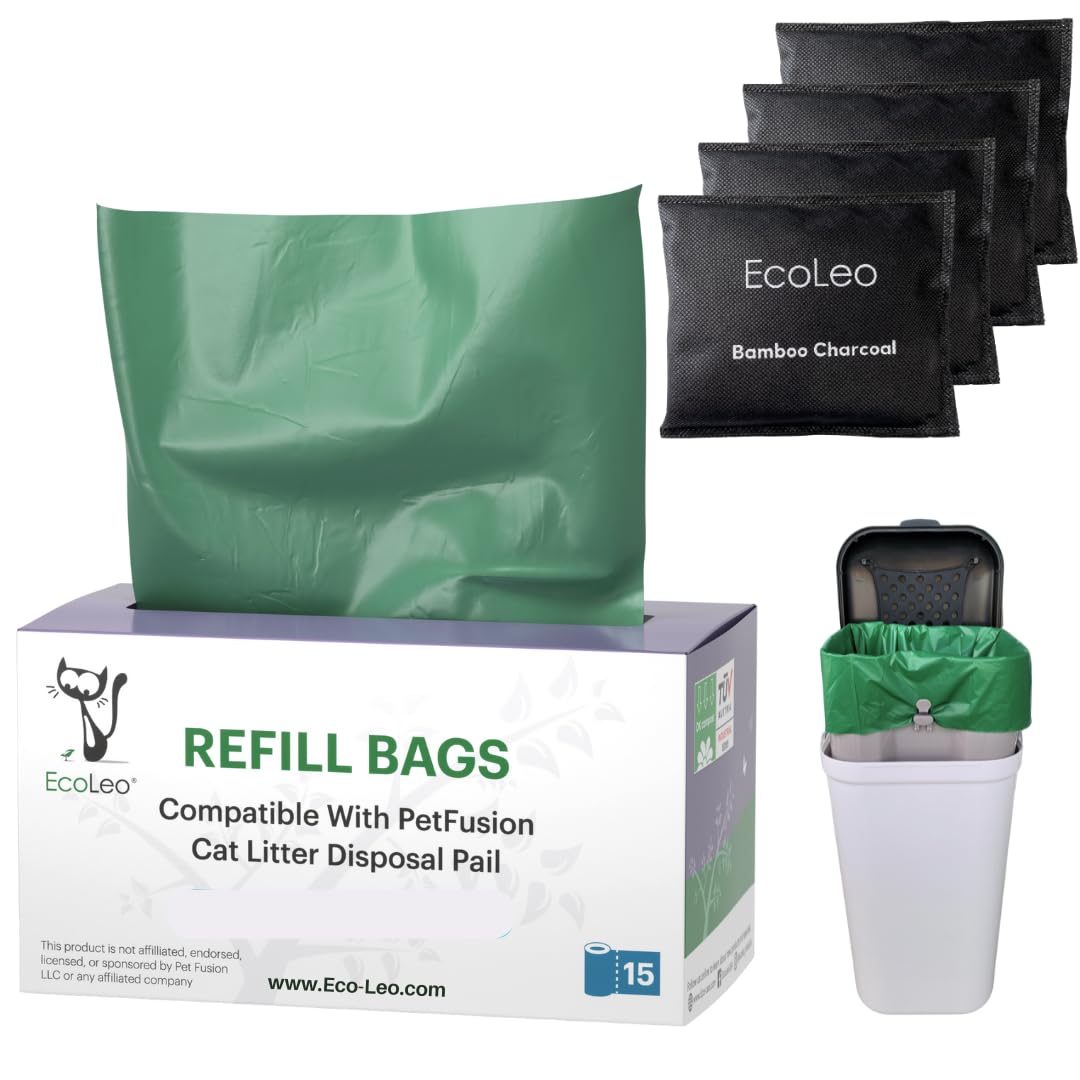 EcoLeo Compatible Liner Bags for Pet Waste Pail - 15 Count Bamboo Charcoal Deodorizer Bags | Odor Control & Eco-Friendly Dog Poop Bags for Home & Outdoor Use