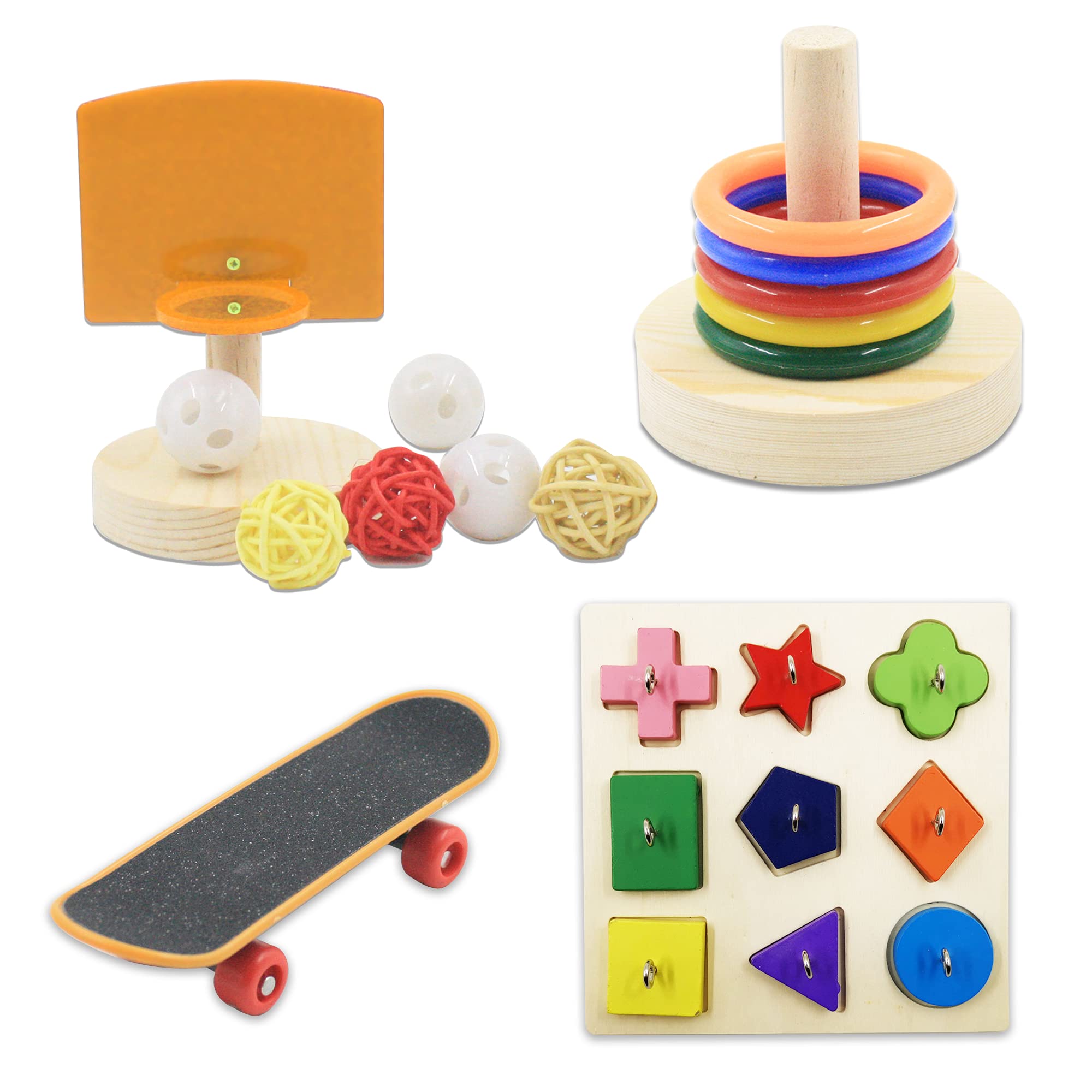 5 Pack Bird Toys for Parrots - Wooden Block Puzzles, Basketball, Sepak Takraw, Skateboard & Stacking Toys | Interactive Training & Enrichment Activities for Small Birds | Perfect for Playtime, Exercise & Mental Stimulation