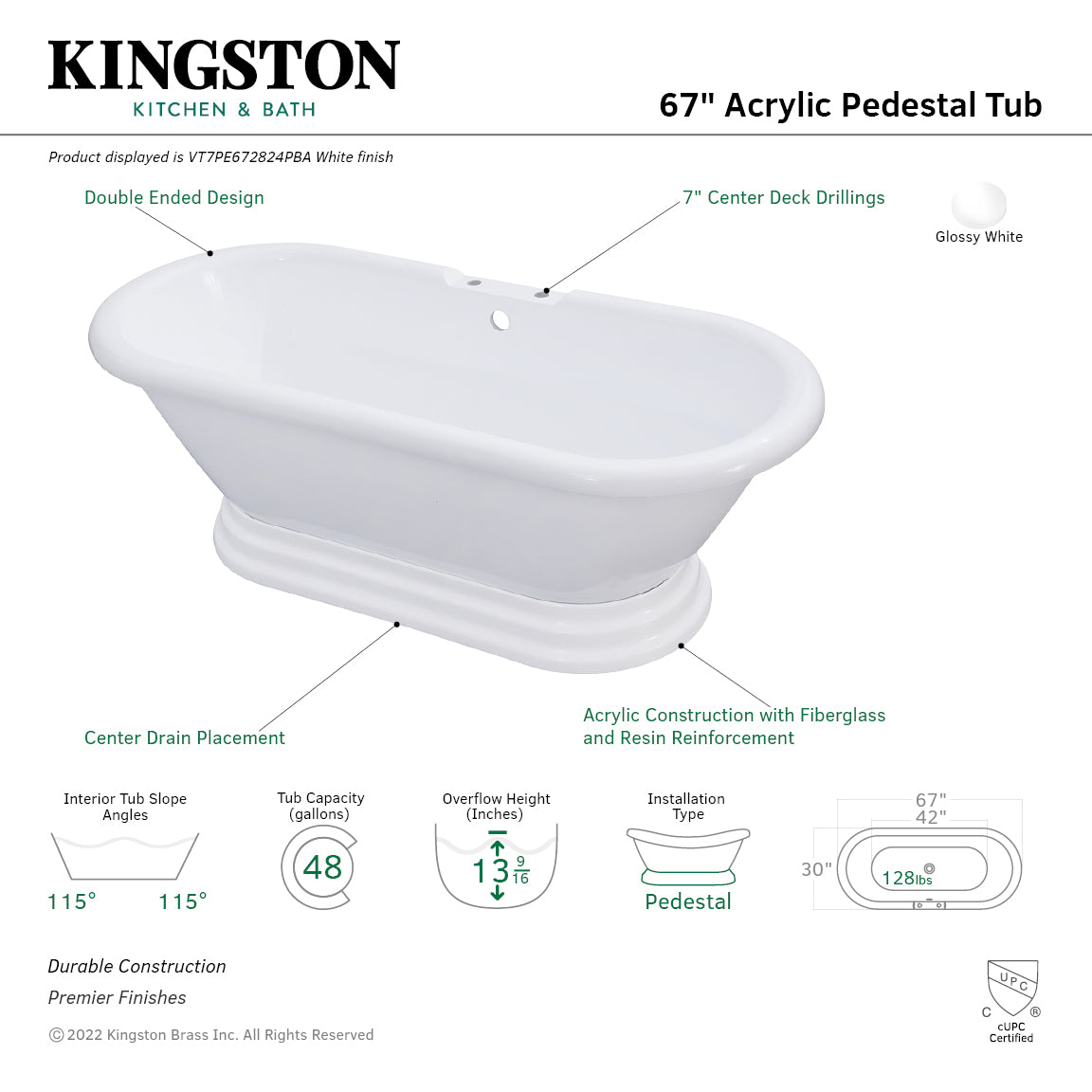 Aqua Eden 67-Inch Glossy White Acrylic Oval Double-Ended Pedestal Bathtub with 7-Inch Faucet Drillings - Perfect for Luxury Bathrooms & Spa Retreats