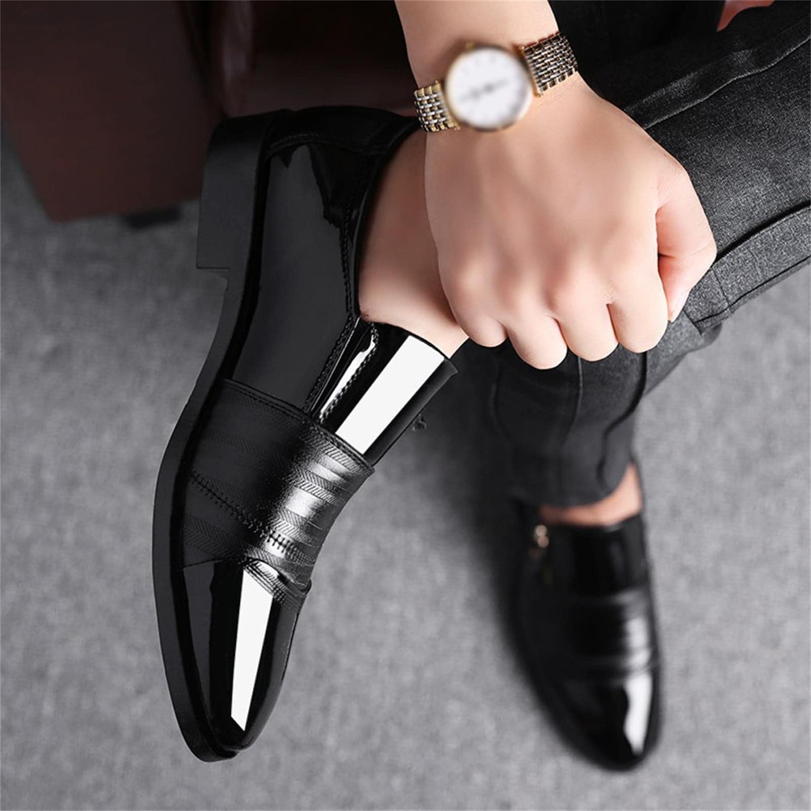 Premium IQYU Men's Patent Leather Dress Shoes - Breathable Business & Work Shoes for Swollen Feet - Comfortable Formal Shoes for Office, Wedding & Special Occasions