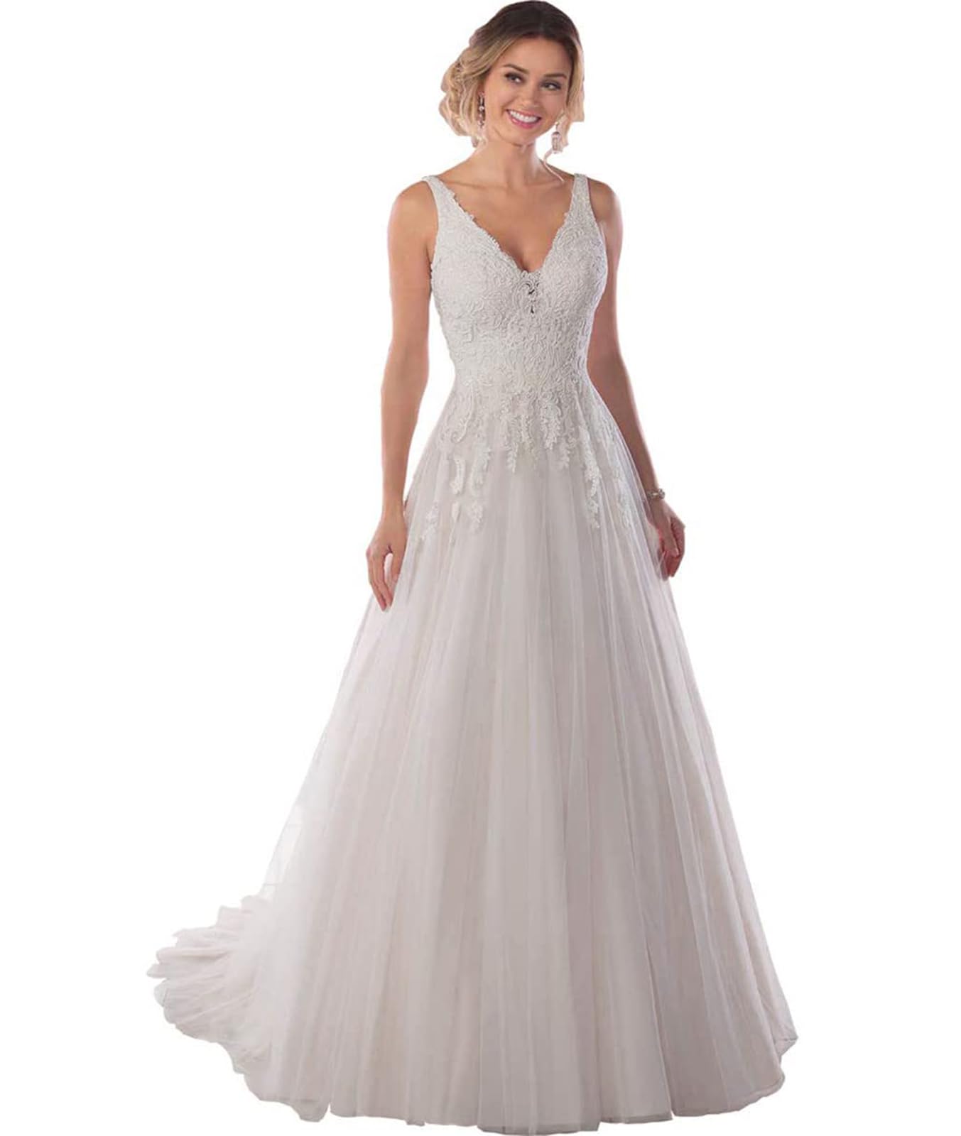 Boho Wedding Dresses for Women - Lace Applique A-Line Beach Bridal Gown with Long Train | Perfect for Beach Weddings, Outdoor Ceremonies & Boho Chic Brides