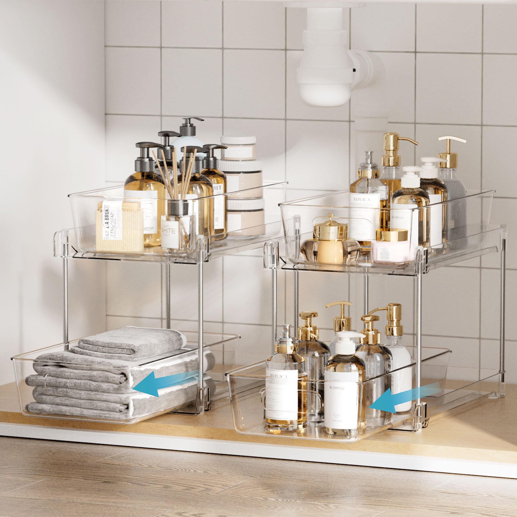 Vtopmart 2-Tier Bathroom Storage Organizer Set of 2, Clear Under Sink Organizer with Pull-Out Drawers for Vanity Counter & Cabinet - Space Saving Solution for Bathroom, Kitchen & Pantry Organization