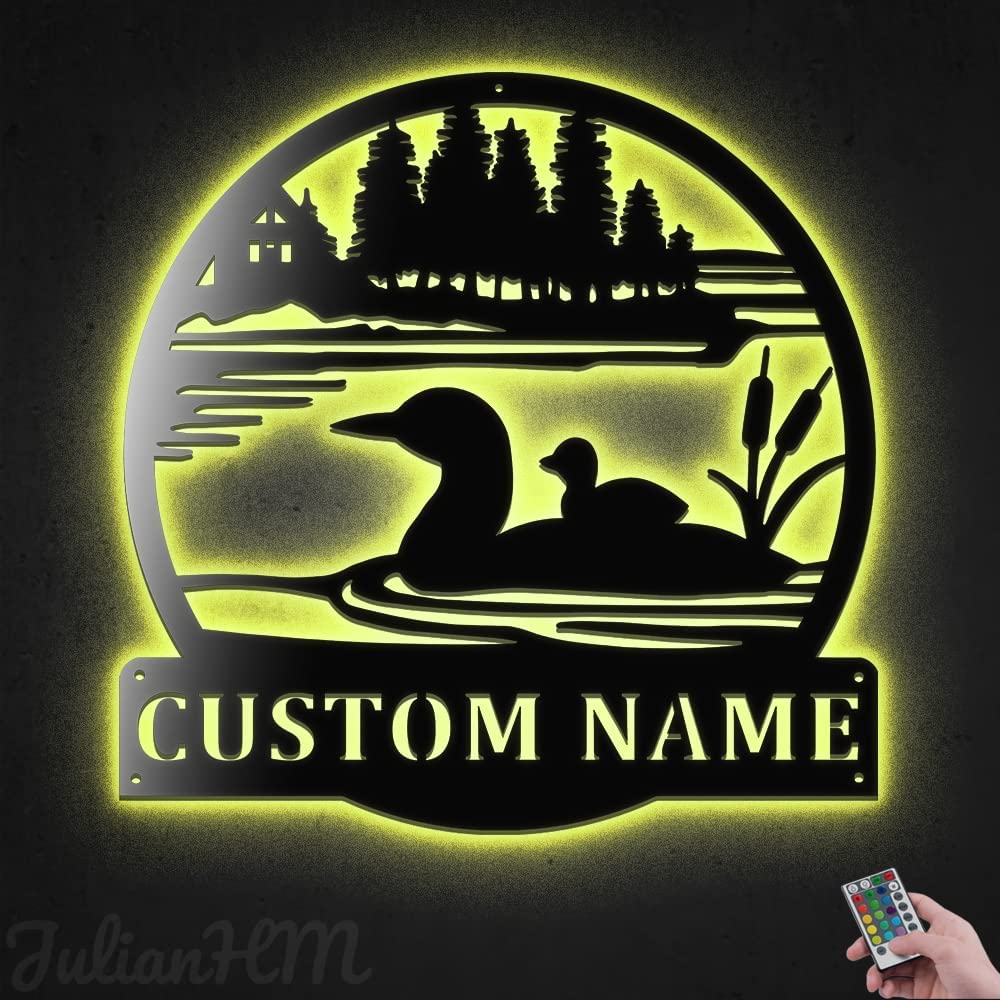 Custom Loon Duck Monogram Metal Wall Art with LED Lights - Personalized Name Sign Home Decor - 24x24 Inches Wall Hanging for Living Room, Bedroom, Nursery - Perfect Housewarming Gift & Rustic Cabin Decor