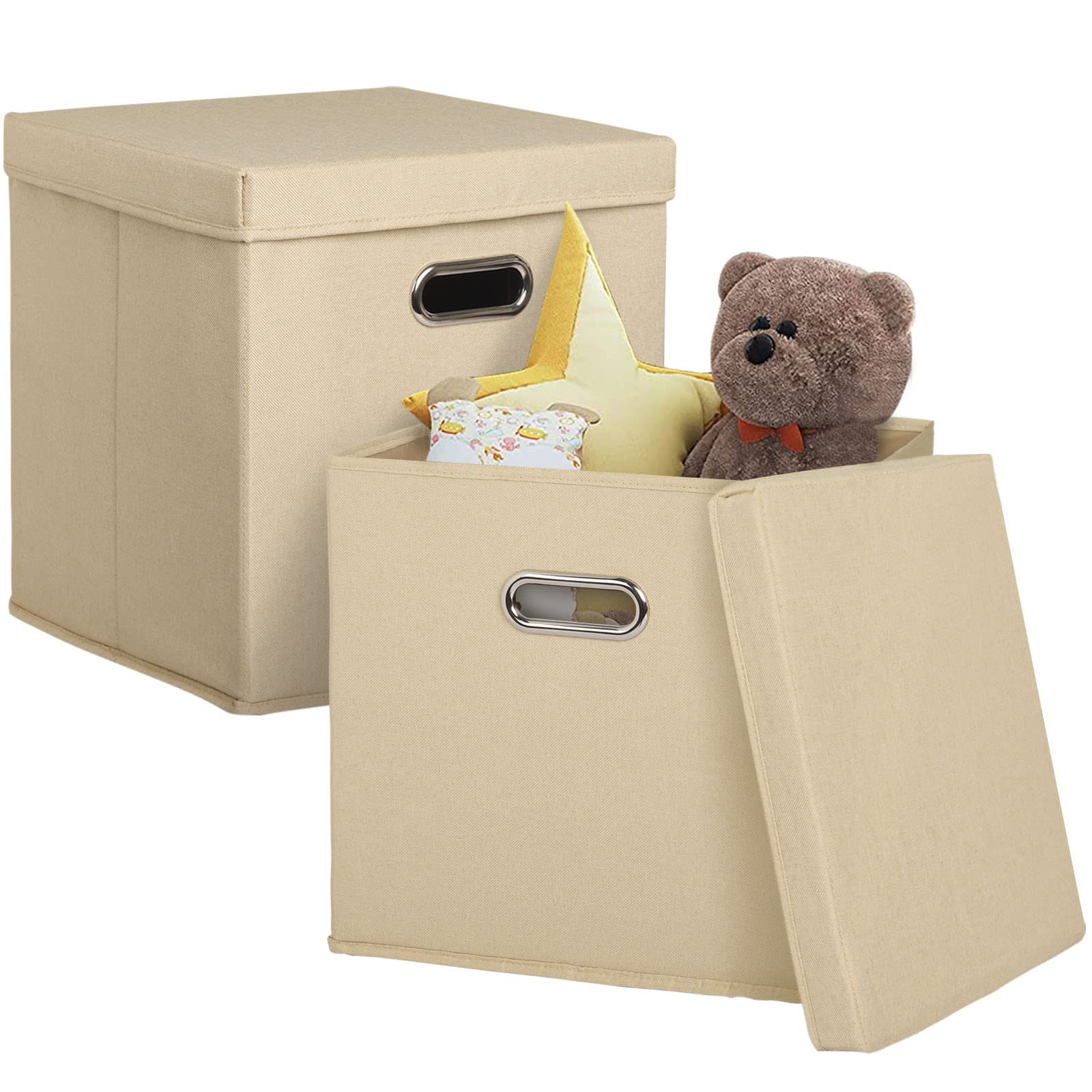 Foldable Storage Cubes with Lids (2 Pack) - 13x13x13 Inch Collapsible Fabric Bins for Home Organization | Closet, Shelf, Bedroom, Office & Nursery Storage Solutions - Beige