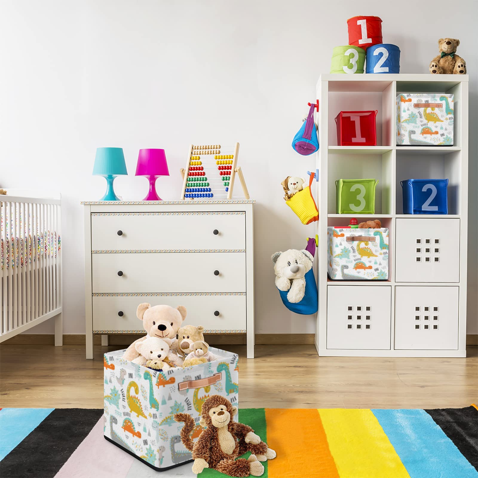 AUUXVA 13x13In Collapsible Storage Cube Bin - Cute Cartoon Dinosaur Pattern Fabric Storage Box with Handles for Home Organization, Closet, Shelves, Nursery & Toys | Perfect for Kids' Room Decor, Playroom Storage & Bedroom Organization