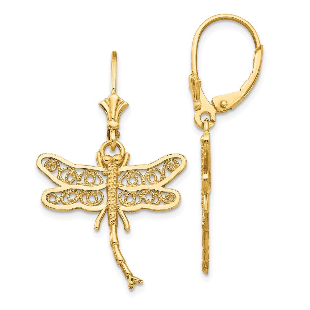 14K Yellow Gold Dragonfly with Filigree Wings Leverback Earrings - Elegant Dainty Jewelry for Women, Perfect for Weddings, Parties & Special Occasions