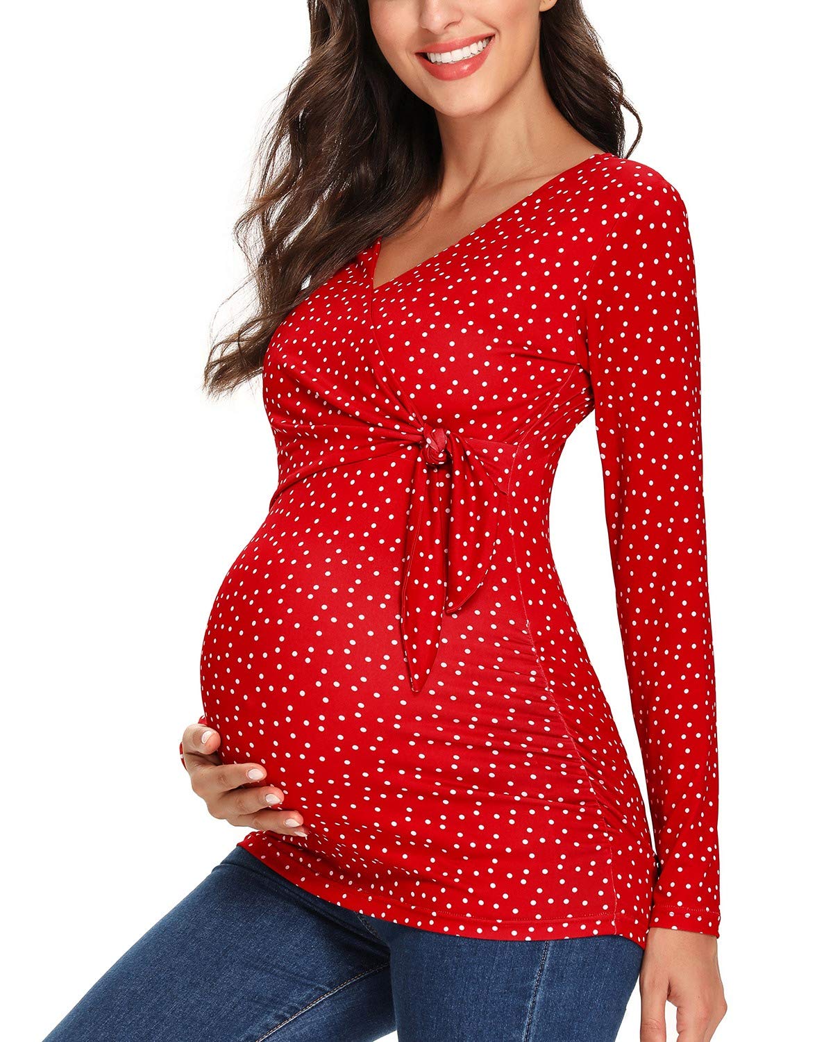 Glampunch Women's Maternity Shirts - Soft Stretchy Short & Long Sleeve Tie Front Wrap Tops for Pregnancy | Comfortable Nursing & Workwear for Expecting Moms