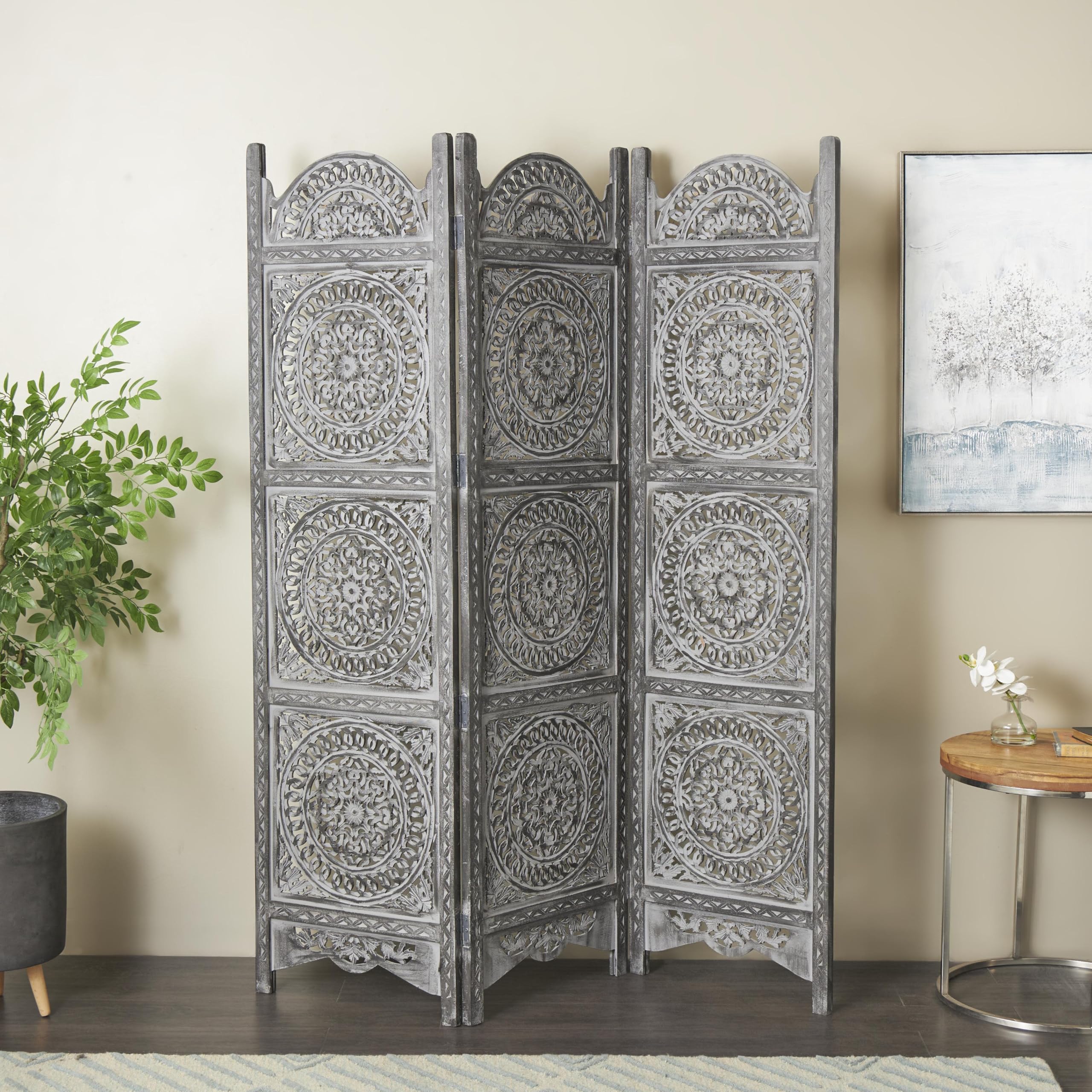Handmade Wooden Floral Room Divider Screen - 3-Panel Foldable Privacy Partition with Intricate Carvings, 60