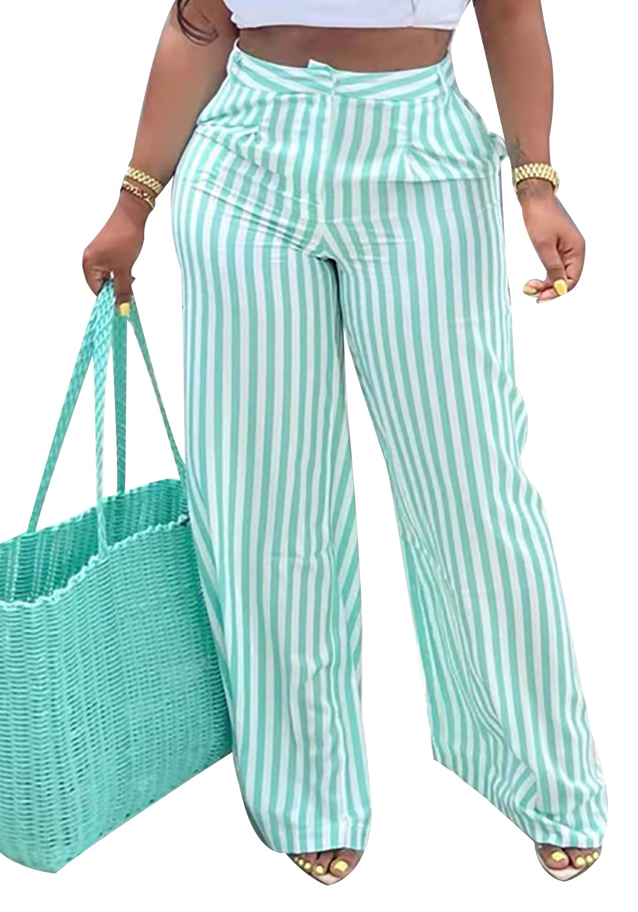 Molisry Women's Wide Leg Palazzo Pants - Stretchy High Waisted Flowy Trousers with Pockets & Striped Design | Perfect for Office, Casual Wear & Travel