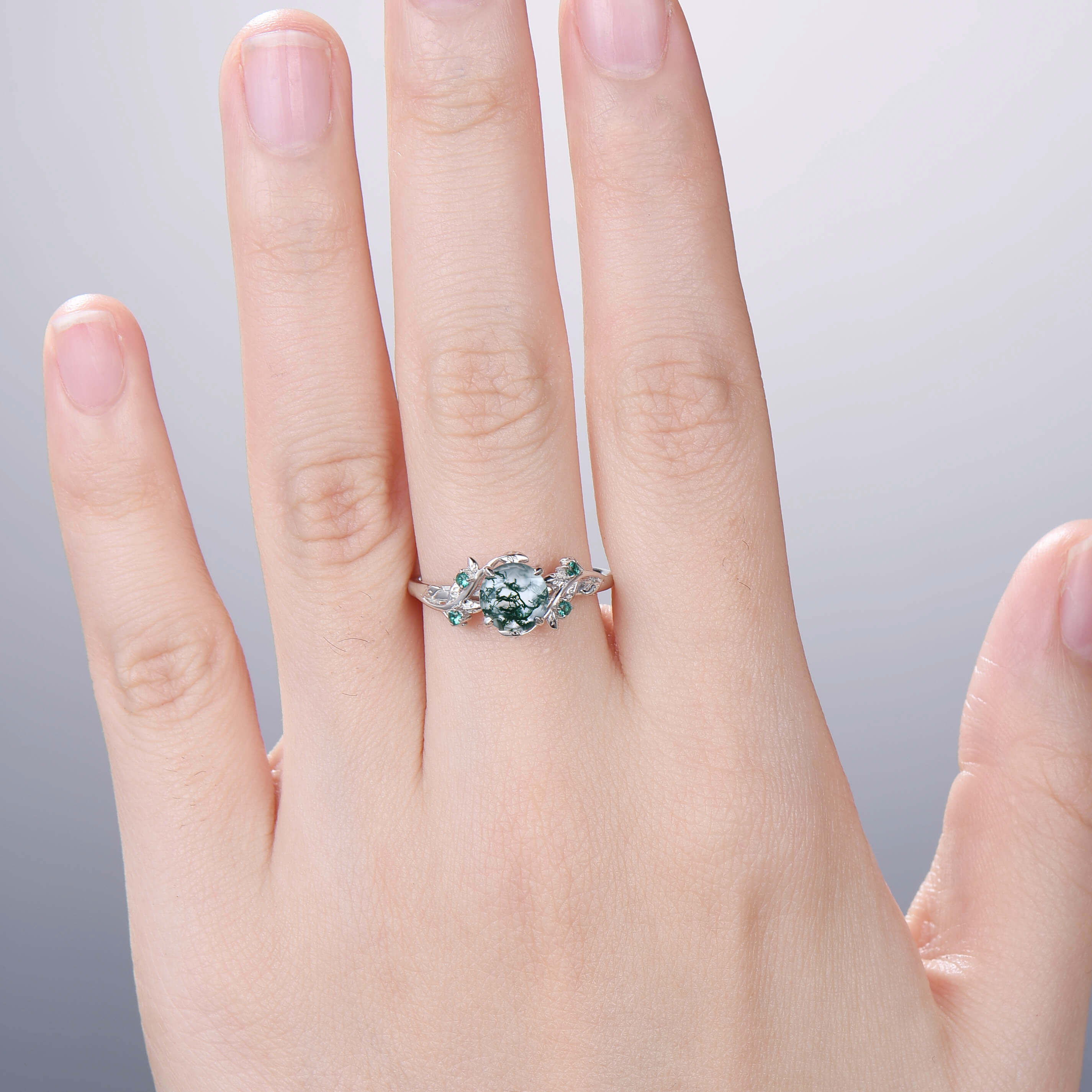 Vintage Moss Agate Engagement Ring in Rose Gold - Nature Inspired Twig Design with Green Agate Leaf Accents, Wedding Band, Cluster Emerald Branch Style, Perfect Anniversary Gift for Her - Ideal for Proposals, Weddings & Romantic Occasions