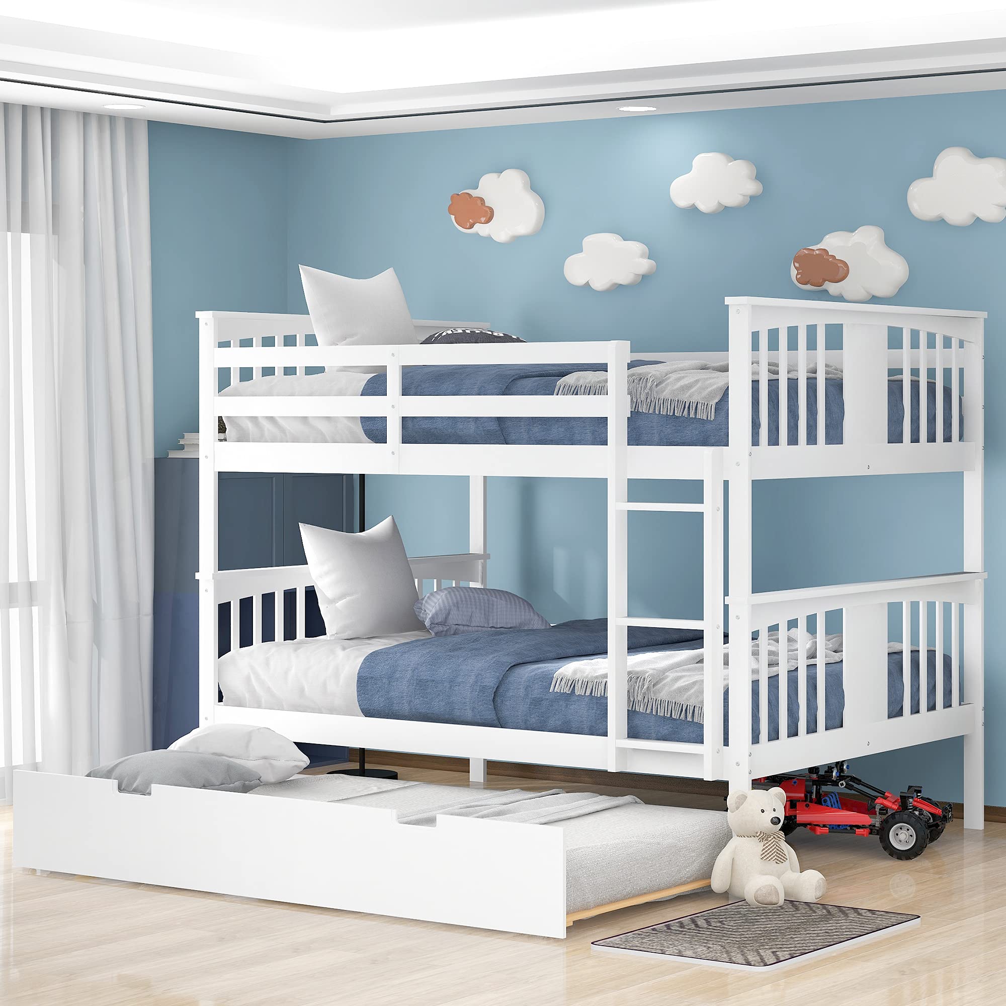 Harper & Bright Designs Full Over Full Bunk Bed with Trundle - Solid Wood Bunk Bed Frame with Ladder - Space-Saving Kids Bedroom Furniture (White) - Perfect for Shared Kids Rooms, Guest Rooms & Small Spaces