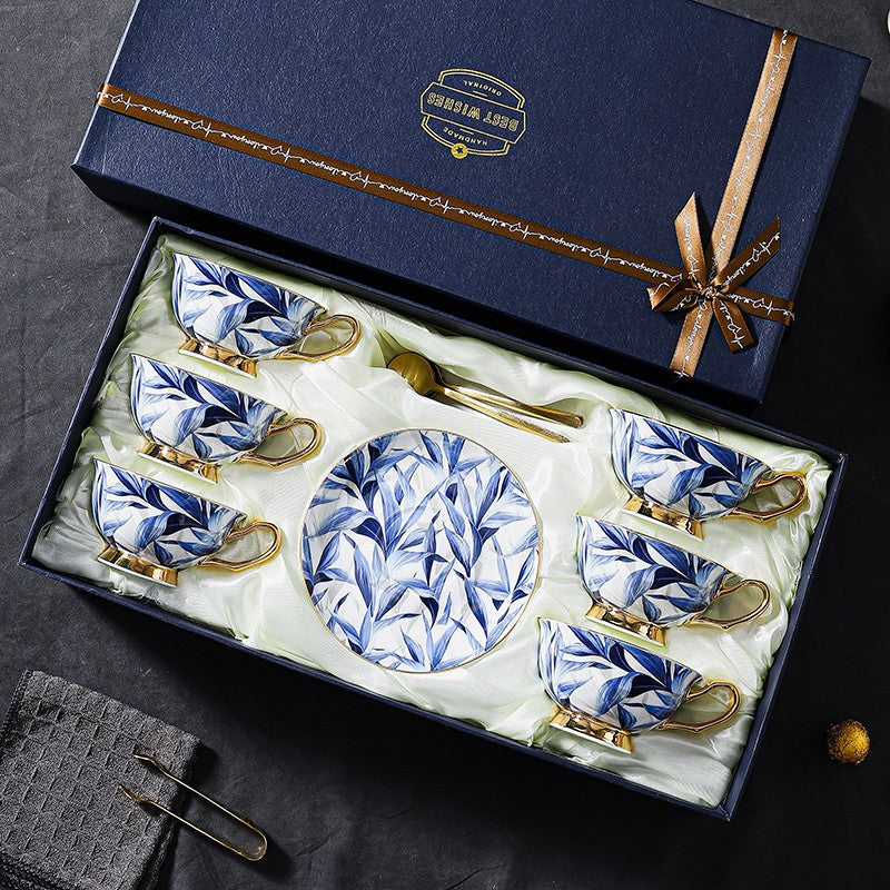 Elegant Blue Bone China Porcelain Tea Cup Set - British Ceramic Coffee Cups with Saucer in Gift Box - Perfect for Afternoon Tea, Bridal Shower & Home Decor
