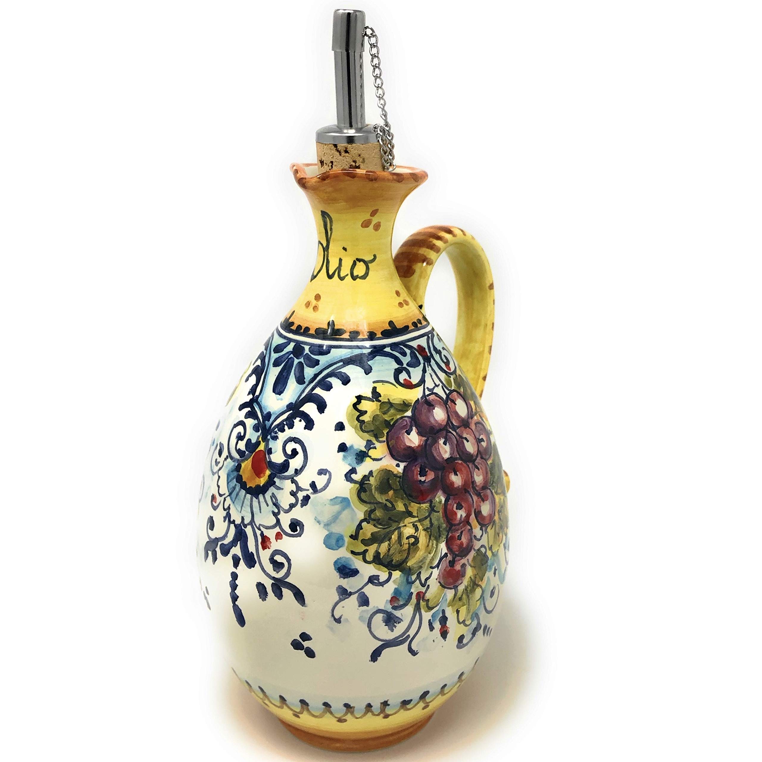 Hand-Painted Italian Ceramic Oil Cruet Dispenser - Tuscan Montalcino Art Pottery - Made in Italy - Perfect for Kitchen, Dining Table & Gift Giving