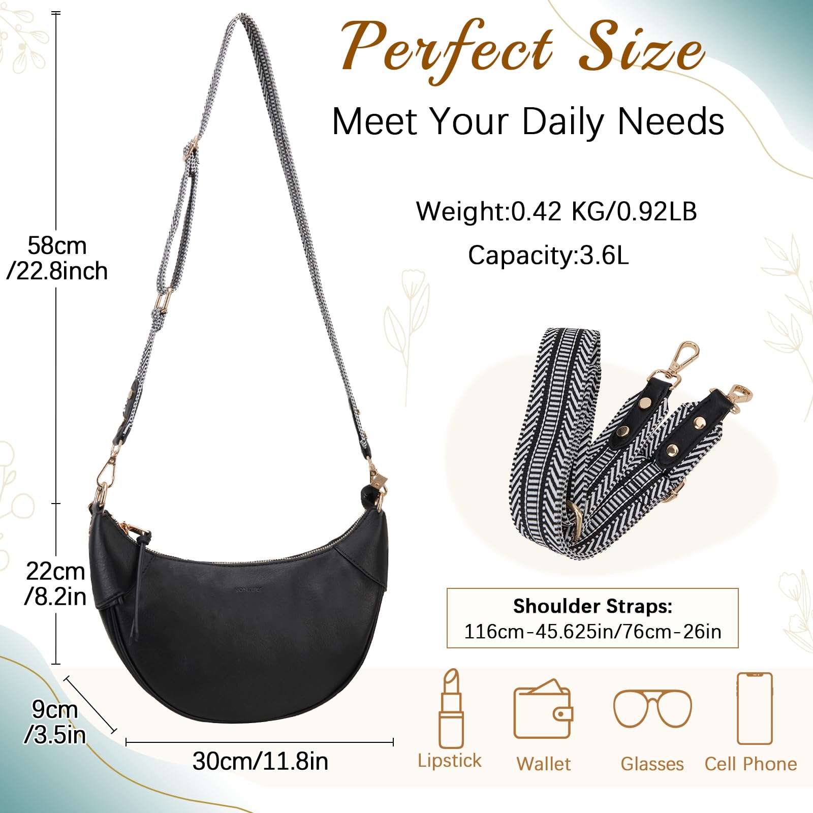 VX VONXURY Women's Small Crescent Shoulder Bag - Crossbody Hobo Purse with 2 Detachable Straps, Underarm Handbag for Daily Use, Work & Travel