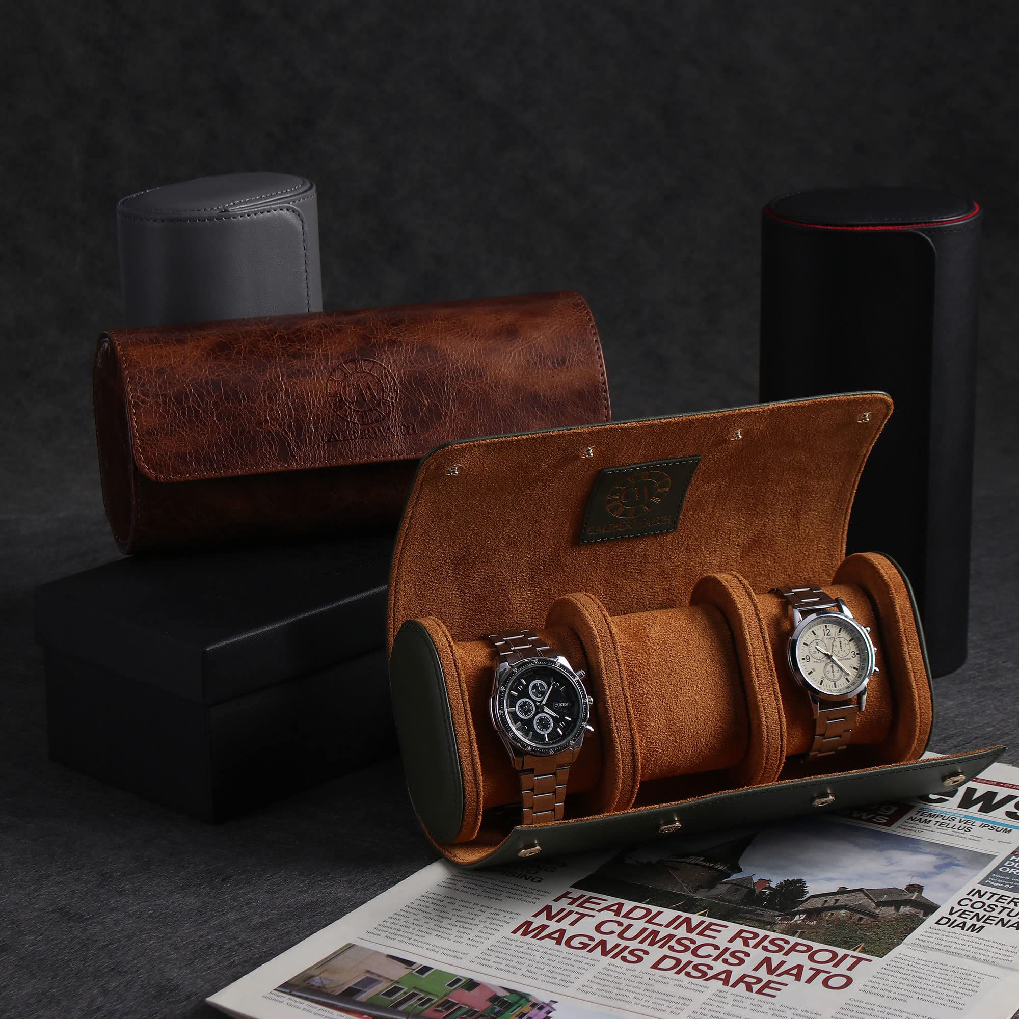Premium Genuine Napa Leather Watch Roll Case for 3 Watches - Luxury Travel Watch Storage Organizer with Velvet Lining - Men's Watch Display Case by CALIBERWATCH - Perfect for Business Travel, Watch Collectors & Gift Giving