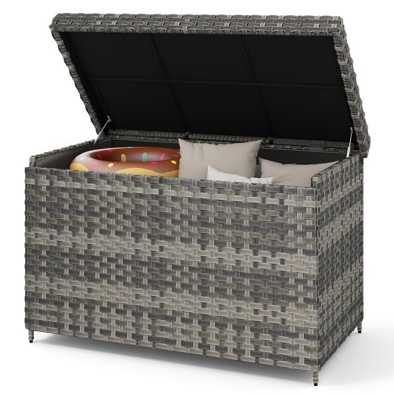 DWVO 230 Gallon Large Outdoor Storage Box - Weatherproof Wicker Deck Box with Lockable Lid, XXL Patio Furniture Storage Container for Cushions, Pool Toys & Garden Tools - Perfect for Backyard, Deck & Poolside Organization (Grey)