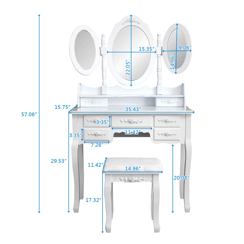 Henf Vanity Table Set with Tri-Folding Mirror - White Wooden Dressing Table, Makeup Desk with Stool & 7 Drawers - Elegant Bedroom Furniture for Women & Girls | Perfect for Makeup, Skincare & Jewelry Organization