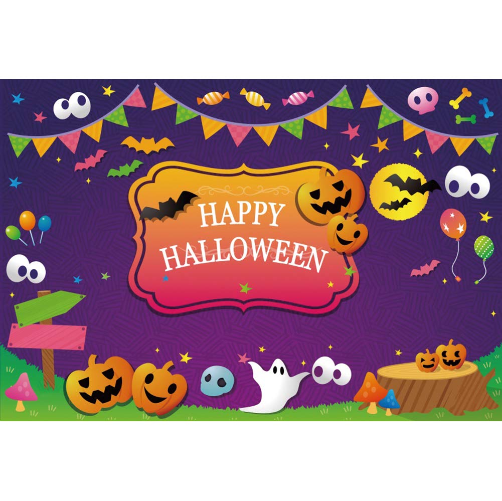 OERJU 7x5ft Happy Halloween Photography Backdrop - Cute Cartoon Pumpkins, Flying Ghosts & Bats with Colorful Garland - Perfect for Halloween Party Decor, Kids Photo Studio Props & Spooky Backgrounds