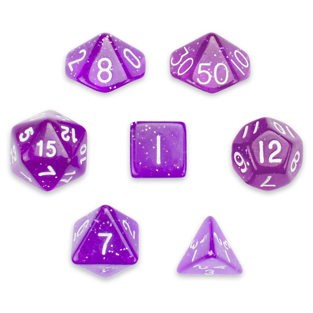 Wiz Dice 7-Piece Polyhedral Dice Set - Arcane Aura (Purple Glitter) with Velvet Pouch for Dungeons & Dragons, RPG Games, and Tabletop Adventures