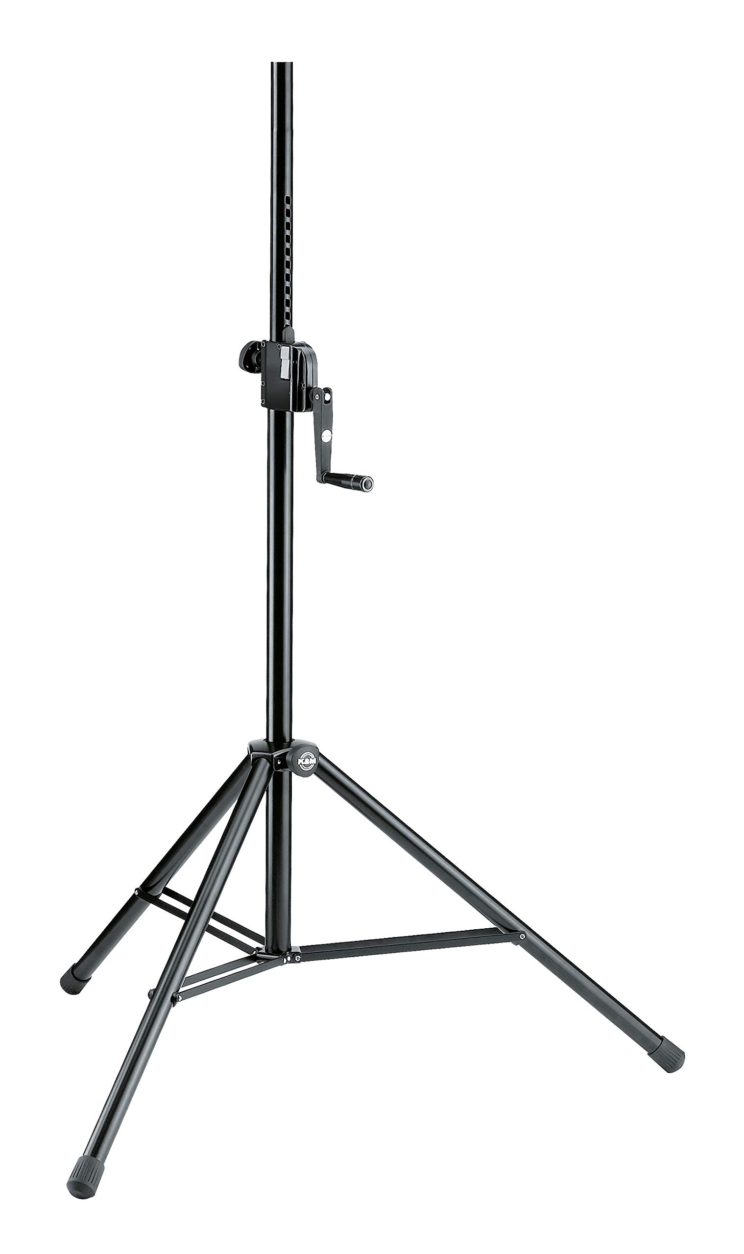 **K&M König & Meyer 21300.009.55 Heavy-Duty Speaker Tripod Stand – Locking Hand Crank Height Adjustment, Double Cross Leg Brace, Compact Foldable Design – 77 lbs Max Load – German Made Black – Perfect for PA Systems, DJ Gigs & Live Performances**