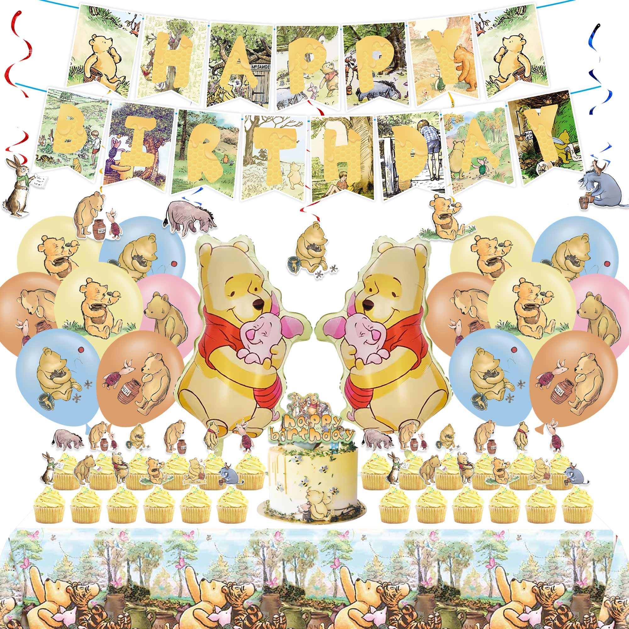 Adorable Winnie the Pooh Birthday Party Decorations Set - Classic Vintage Cartoon Bear Baby Shower Supplies with Banner, Balloons, Tablecloth, Cake Topper & Cupcake Toppers - Perfect for Kids Birthday Parties, Baby Showers & Themed Events