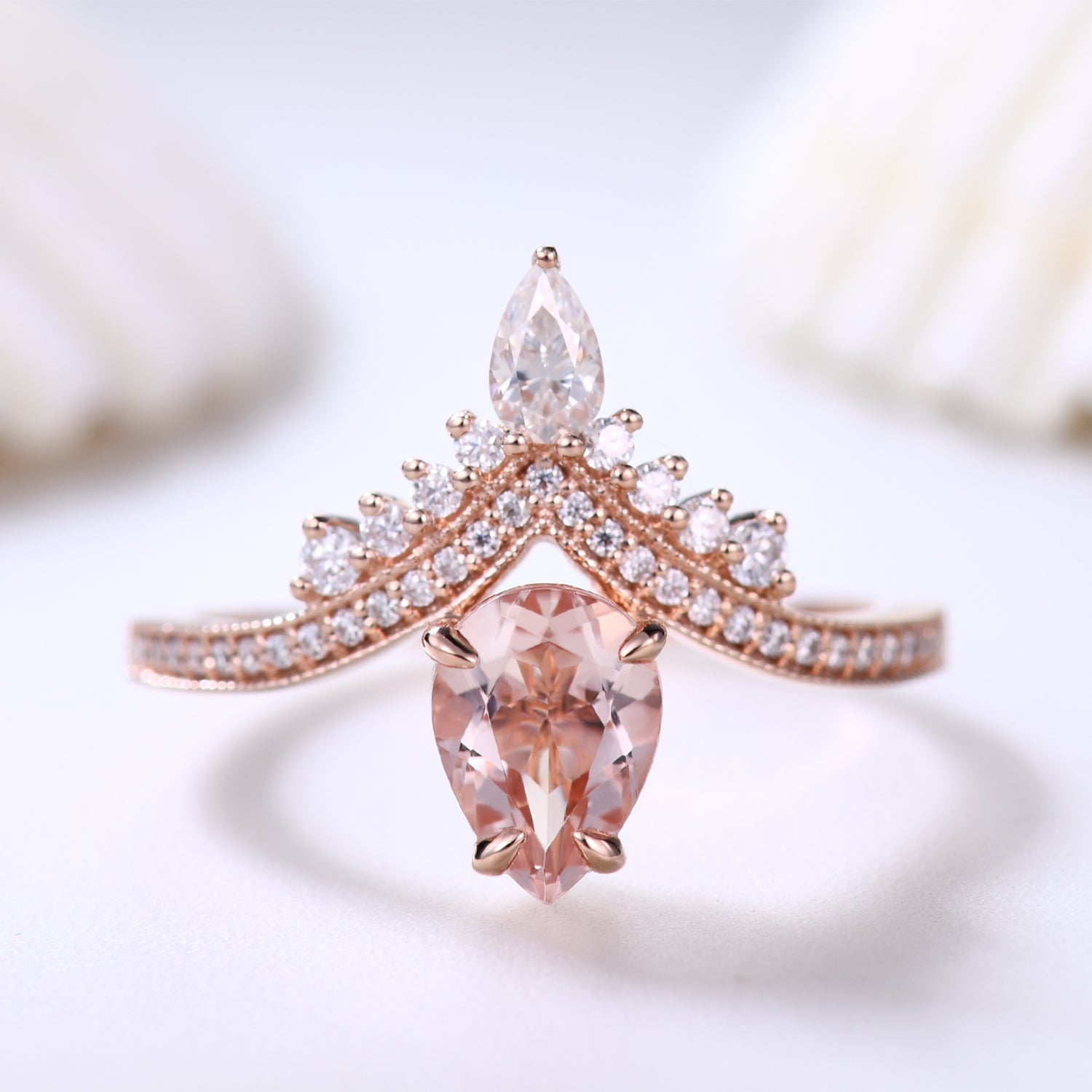5x7mm Pear Cut Morganite Engagement Ring with Diamond Accents - Unique Wedding Gift for Her, Perfect for Proposals & Anniversaries