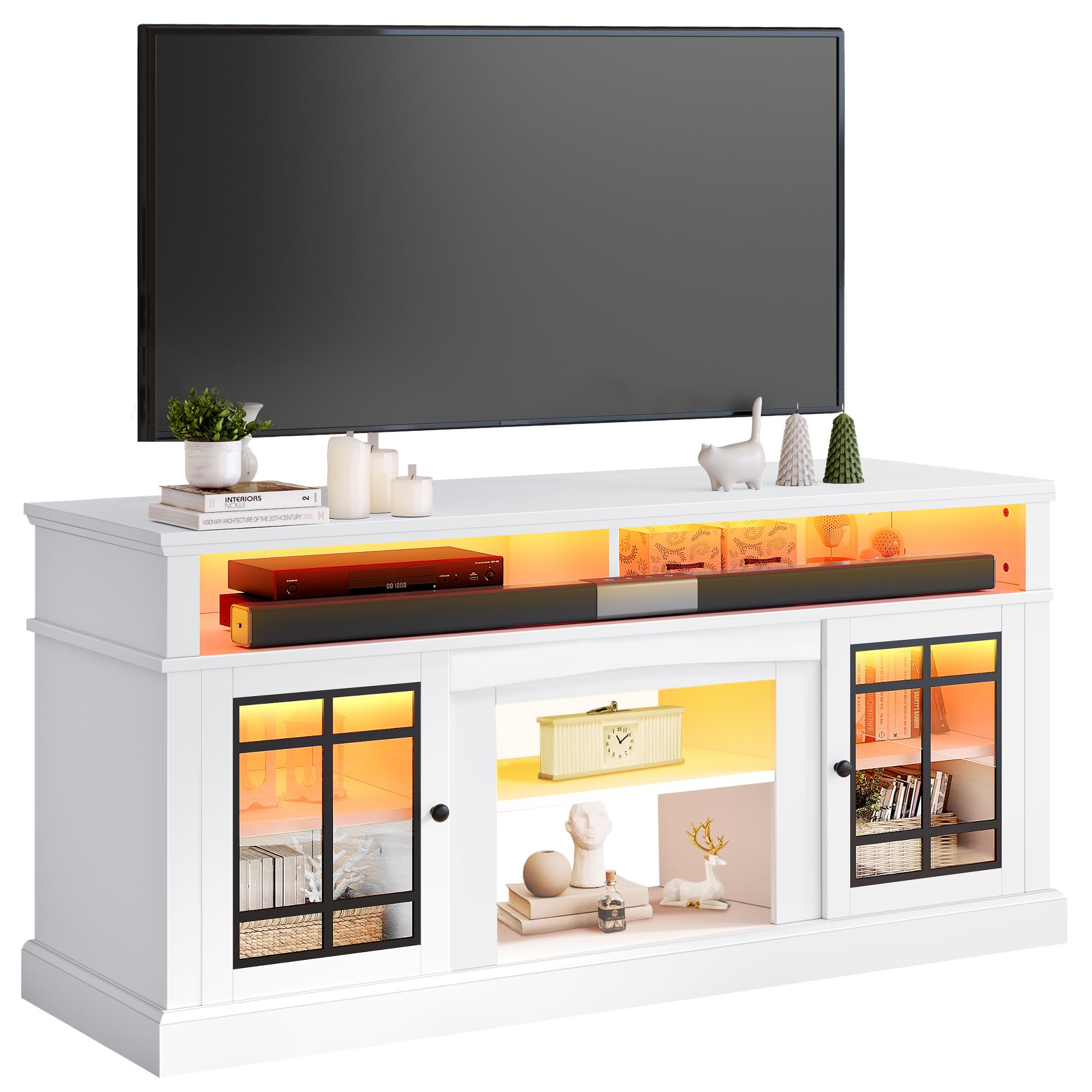Modern White TV Stand for 75 Inch TVs - Adjustable Shelves & Glass Doors LED Entertainment Center, 32