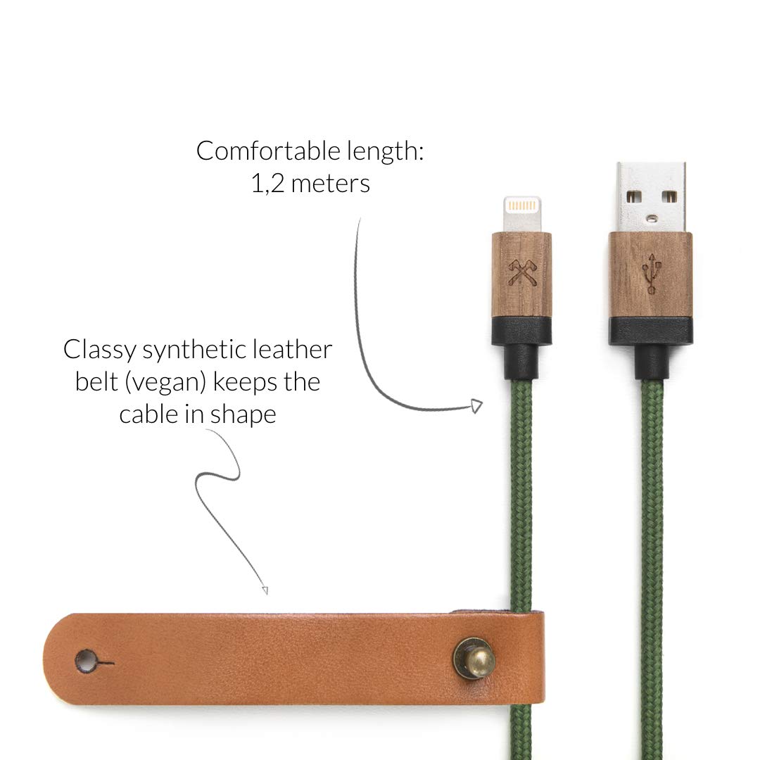 Eco-Friendly Wooden Lightning Cable - Compatible with All Apple Lightning Devices, Real Wood & Nylon Braided Charging Cord (Walnut/Green) - Perfect for Home, Office & Travel Charging
