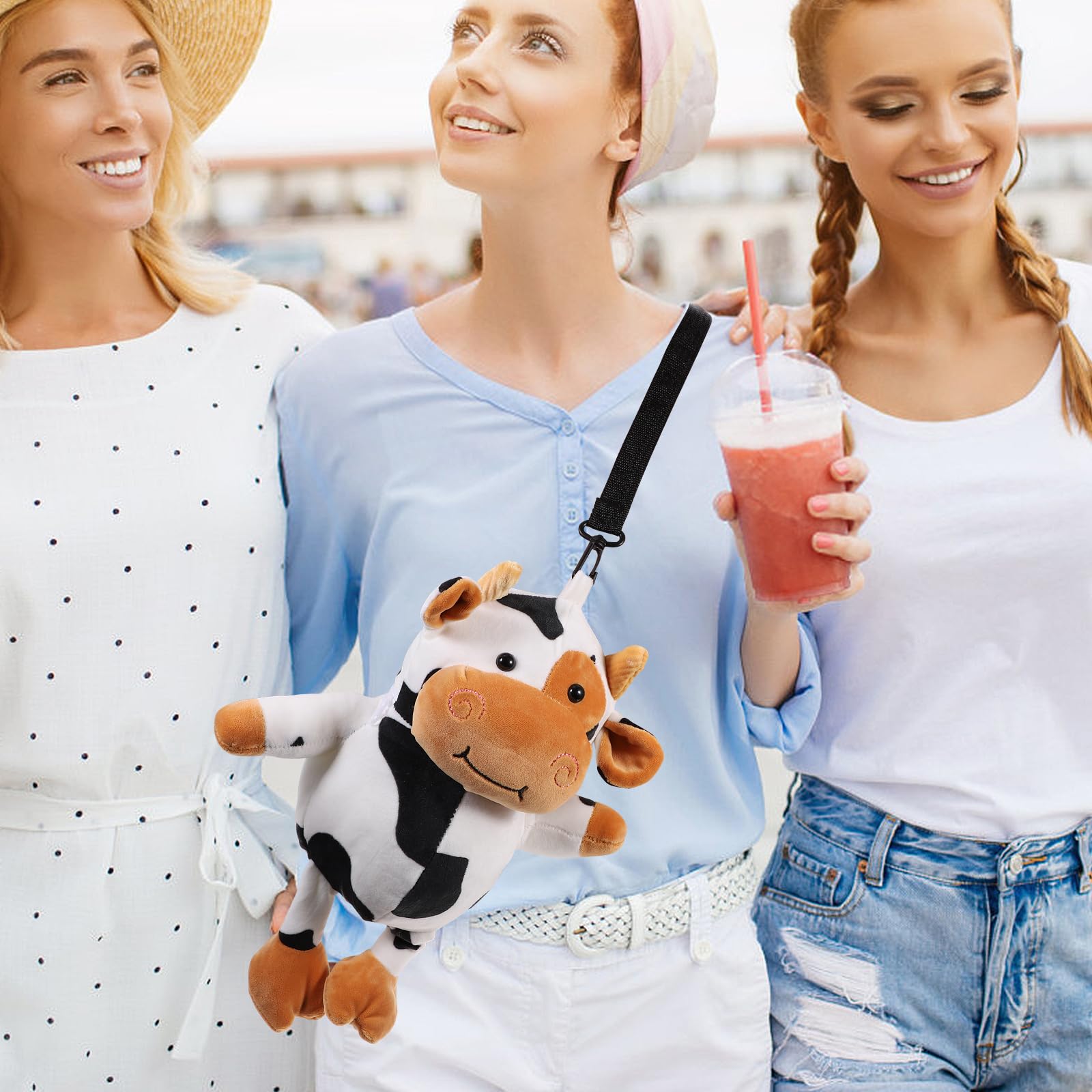 VALICLUD Cute Cow Plush Crossbody Bag for Women & Girls - Soft Stuffed Animal Coin Purse with Adjustable Strap - Perfect for School, Travel & Casual Outings