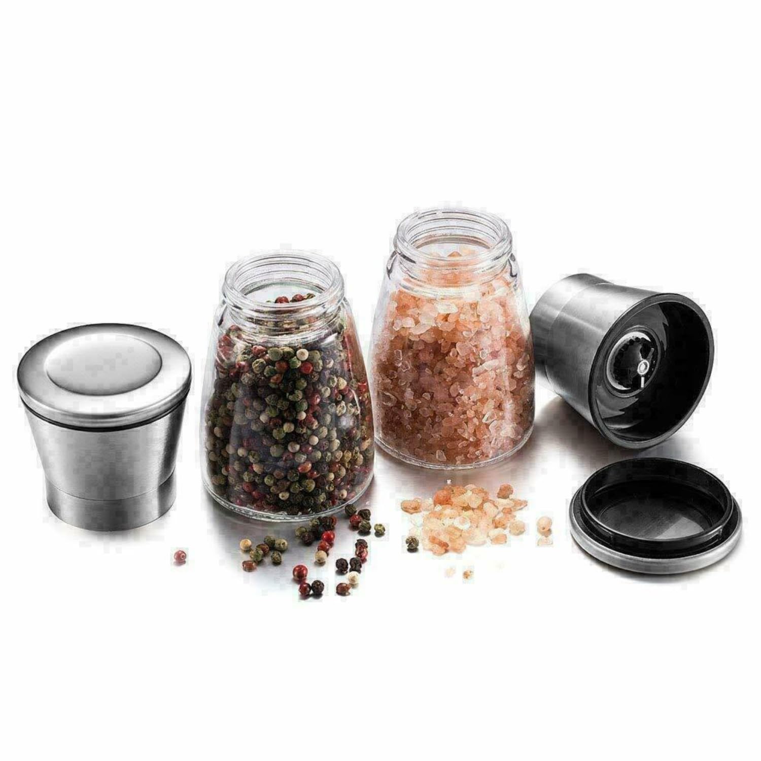 Premium Stainless Steel Salt and Pepper Grinder Set - Adjustable Coarseness, Glass Body & Brushed Finish - Perfect for Kitchen, Dining Table, and Gourmet Cooking - Ideal Gift for Home Chefs
