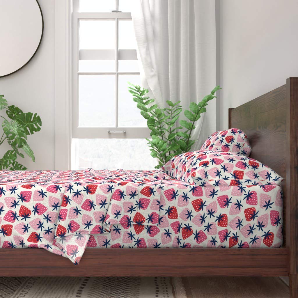Strawberry Print 100% Cotton Twin Sheet Set - 3 Piece Bedding with Bright Red Strawberry Fruit Illustration, Cute Summer Kitchen Decor for Kids Room & Nursery | Soft, Breathable & Customizable