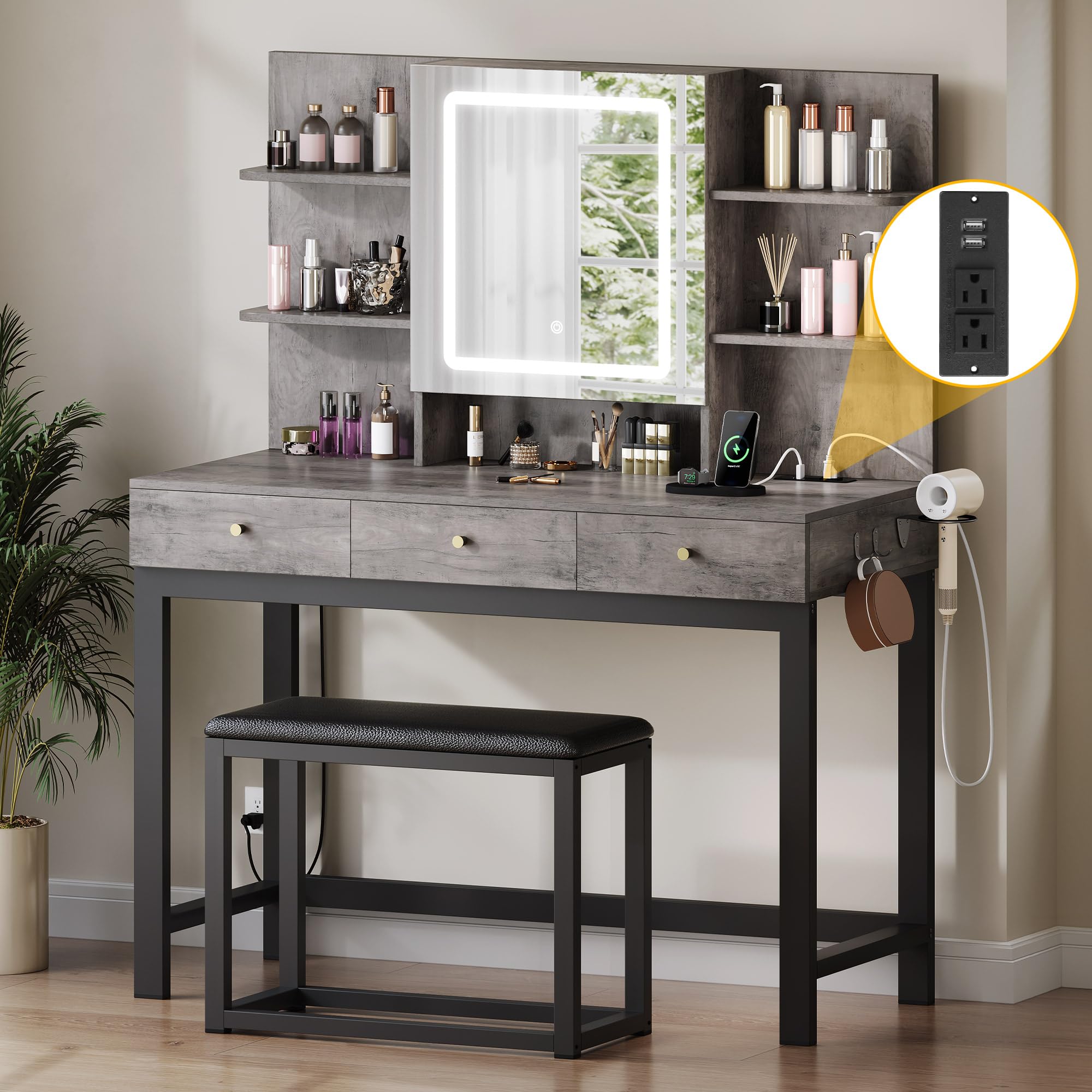 YITAHOME Retro Grey Vanity Desk with Mirror & LED Lights - Makeup Dressing Table with Hidden Jewelry Storage, Power Outlet & 3 Drawers - Adjustable 3-Color Lighting - Includes Stool - Perfect for Bedroom, Dressing Room & Beauty Salon Makeup Station