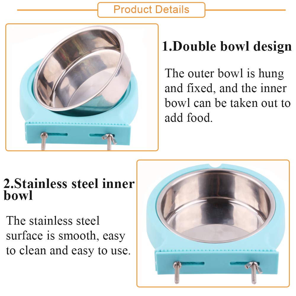 Kathson Removable Stainless Steel Hanging Pet Bowl - 2 Pack (Pink & Blue) for Dogs, Cats, Puppies, Birds, Rats & Guinea Pigs - Durable Food & Water Feeder for Cages, Crates & Coops - Perfect for Travel, Training & Small Animal Care
