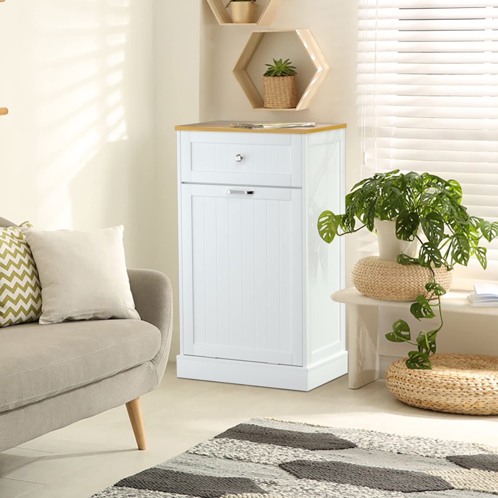 GAZHOME 10 Gallon Tilt-Out Trash Cabinet - Upgraded Wooden Free-Standing Recycling Bin with Hideaway Drawer (White) | Perfect for Kitchen, Bathroom & Office Waste Management
