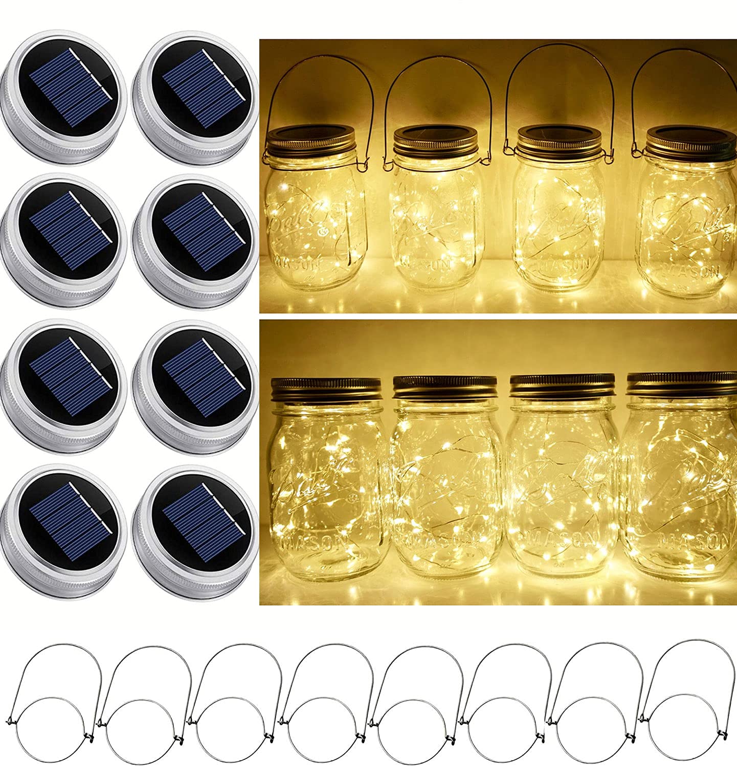 Solar Mason Jar Lid String Lights - 8 Pack 20 LED Fairy Lights with Hangers for Outdoor Decor, Garden, Wedding & Patio Lighting (Jars Not Included) | Perfect for Backyard Parties, Romantic Dinners & DIY Home Decor