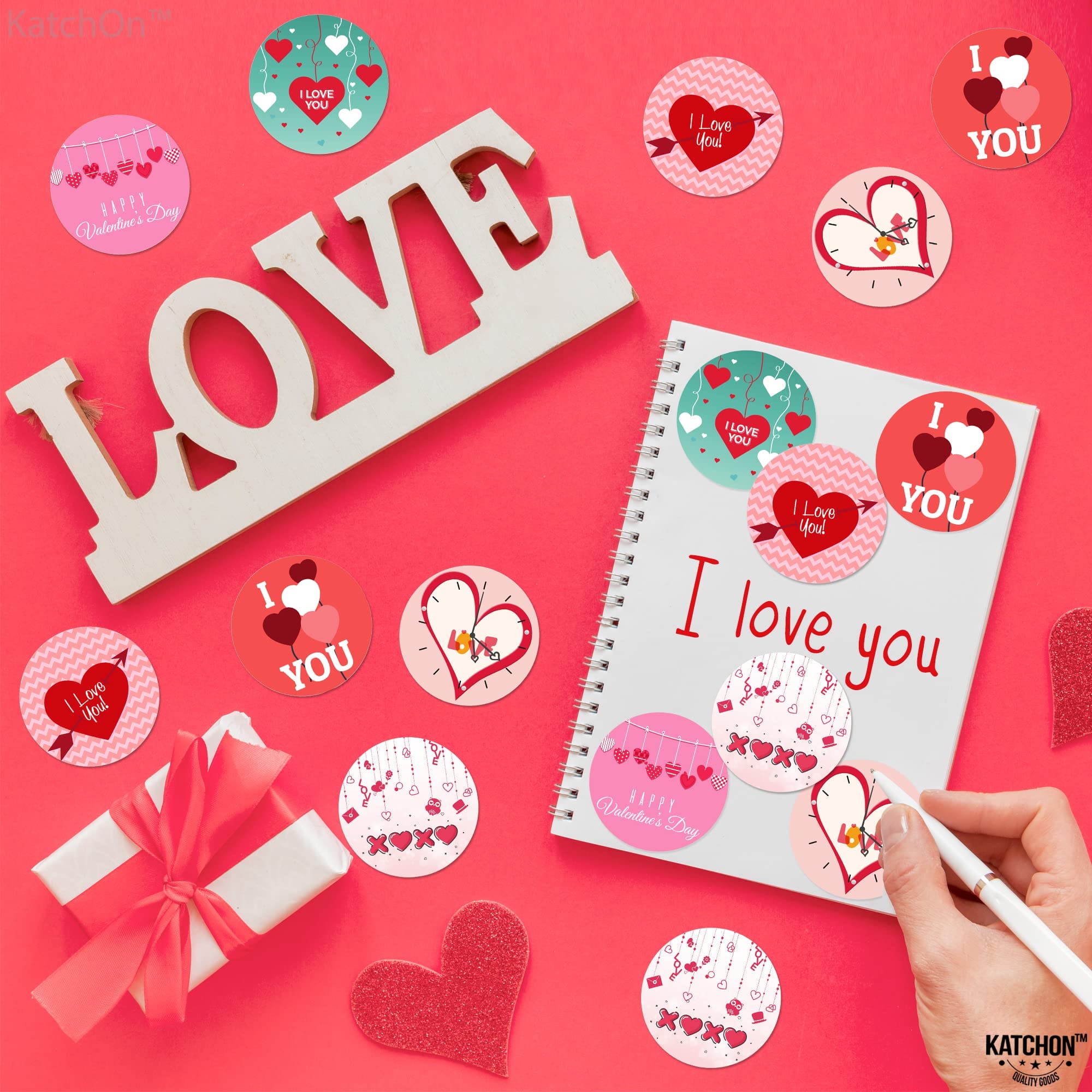 KatchOn 500 Pcs Cute Valentine's Day Stickers for Kids - 1.5 Inch Heart Stickers Bulk Pack | I Love You Stickers for Valentine's Decorations, Classroom Rewards & Scrapbooking | Happy Valentine's Day Party Supplies