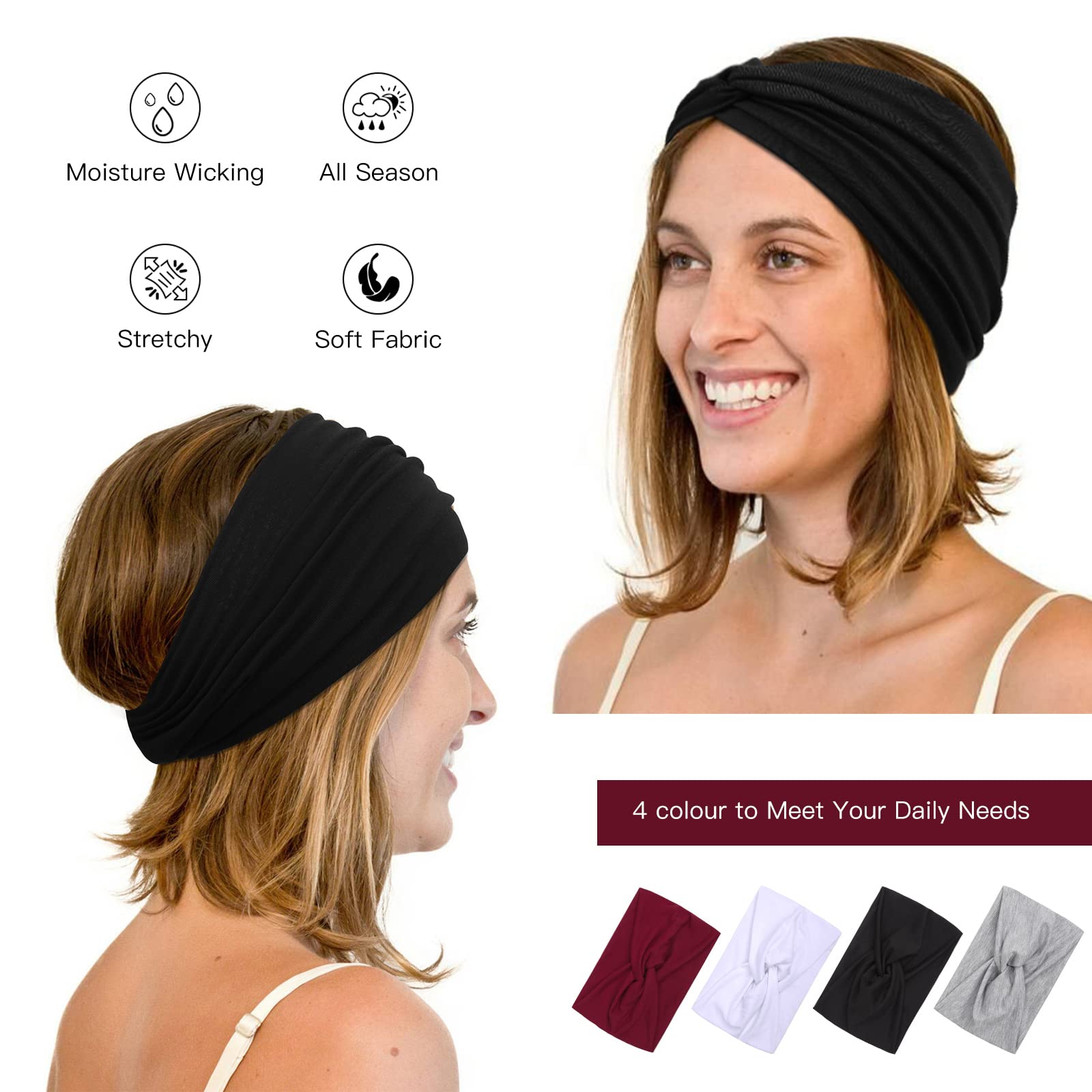 TERSE Wide Headbands for Women - 4 Pack Extra Wide Elastic Hair Bands - Fashion Hair Accessories for Workout, Yoga, Running & Everyday Wear