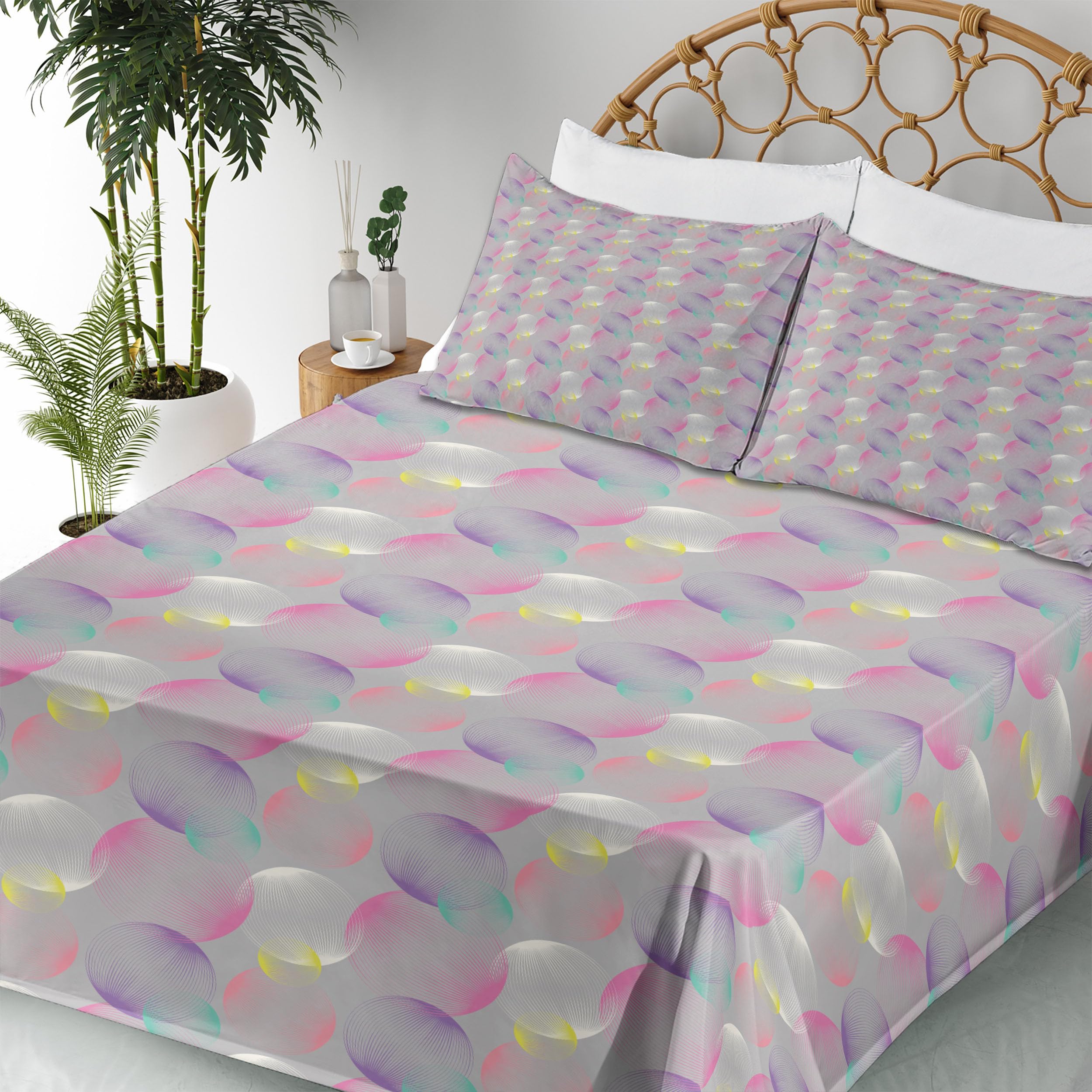 Ambesonne Abstract Sheet Set - Modern Striped Circles & Bubbles Design, 4-Piece Queen Size Bedding Set with Fitted Sheet, Flat Sheet & Pillowcases in Earth Yellow | Perfect for Contemporary Bedrooms, Guest Rooms & Dorm Decor