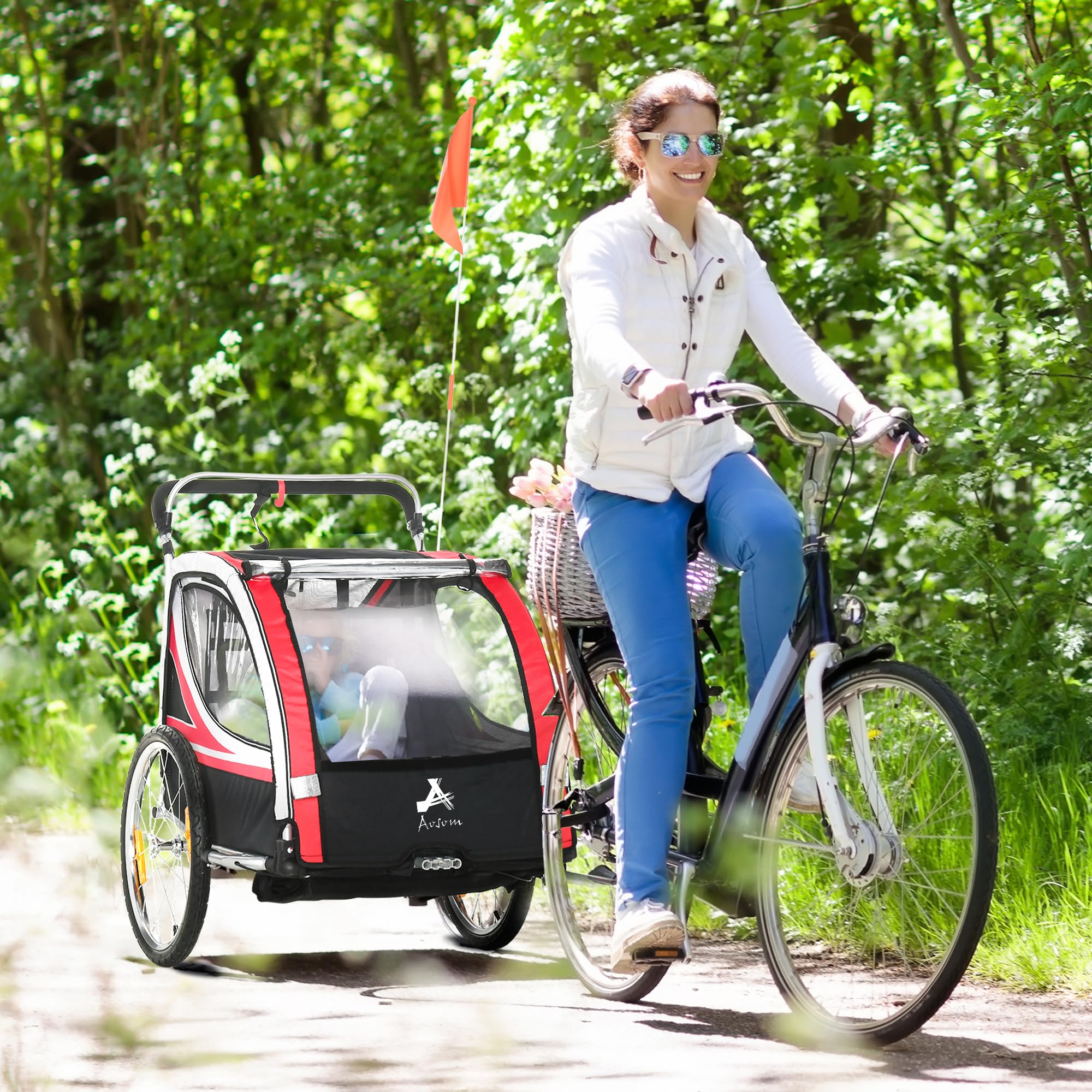 **Aosom 2-in-1 Double Baby Jogging Stroller & Bike Trailer for Kids & Toddlers – Handbrake, 5-Point Harness, Waterproof Cover, Storage Bag, Safety Flag & Reflectors – Perfect for Outdoor Adventures, Running & Biking**