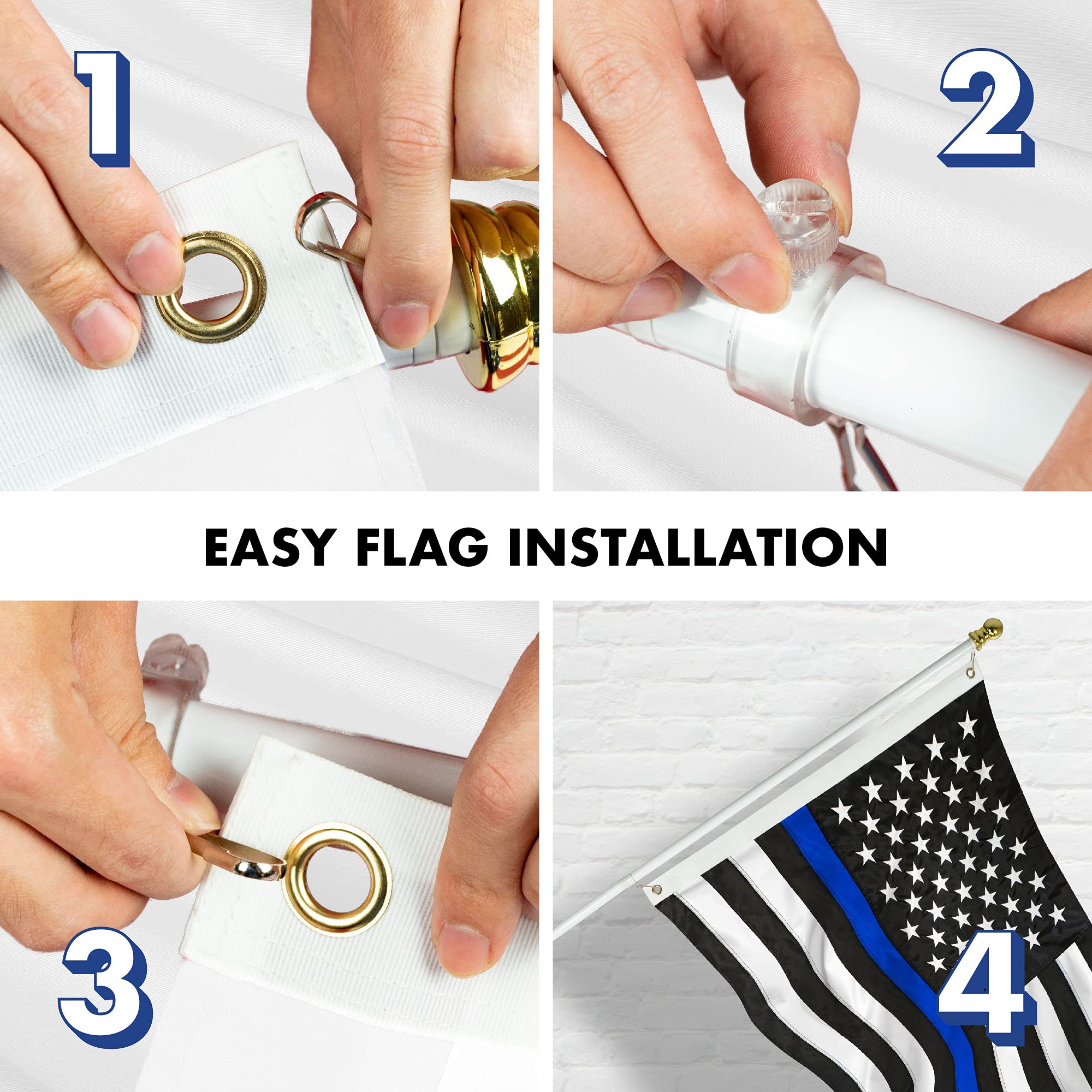 5ft White Spinning Flagpole with Thin Blue Line Flag - 2x3ft Embroidered Flag with Brass Grommets Included - Durable Aluminum Pole for Home, Garden & Patriotic Displays