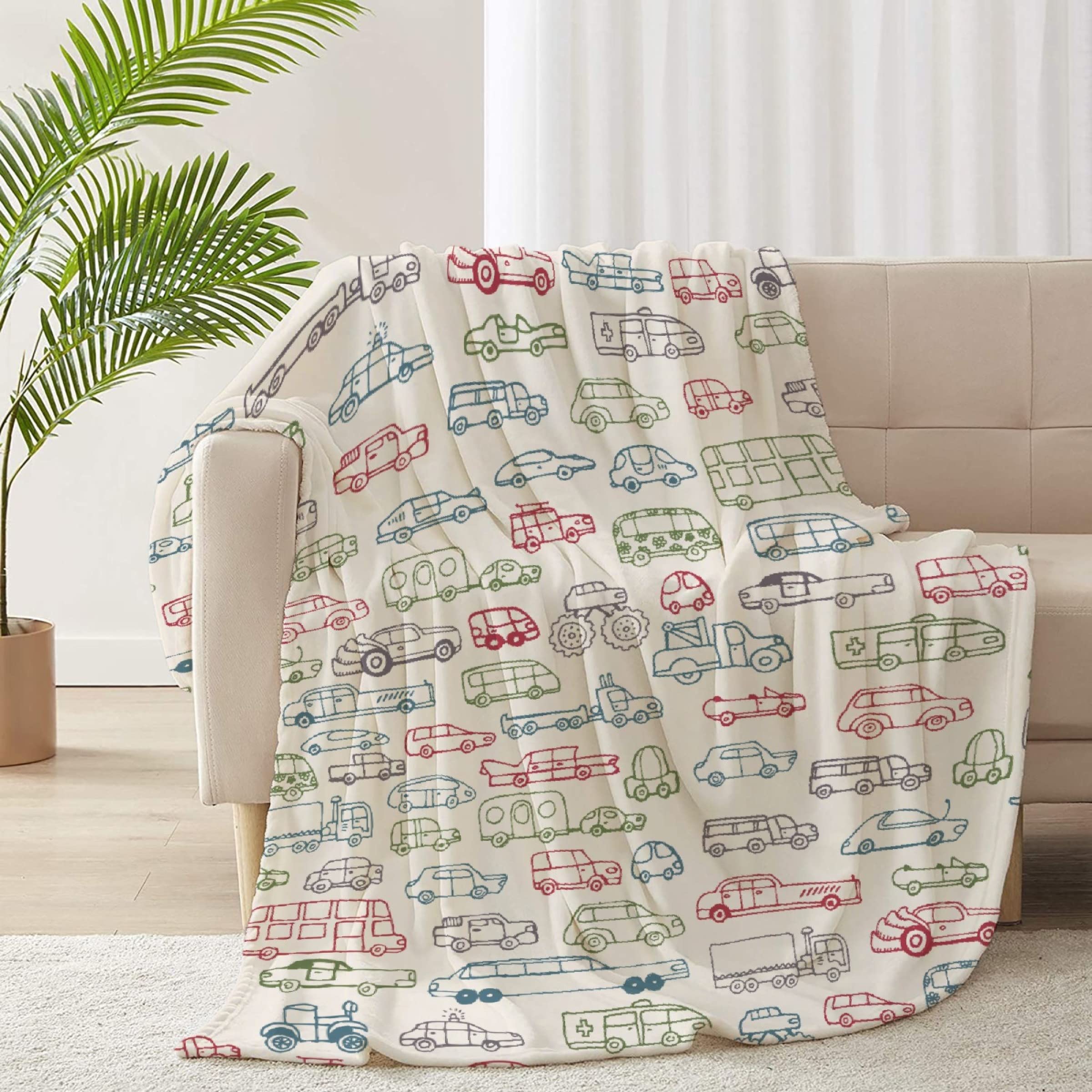 RICKYOUNG Multicolor Cars Trucks Buses Printed Fleece Blanket - Soft Plush Microfiber Throw for Couch, Bed & Travel - 40x30 Inch Cozy Blanket for Kids, Adults & Pets - Perfect for Movie Nights, Camping & Home Decor