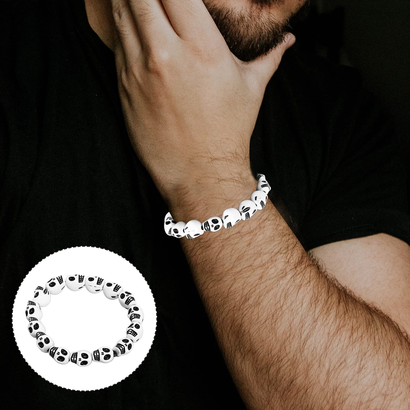 Halloween Skull Bracelet - Gothic Skeleton Head Wrist Chain Jewelry for Women & Men | White Wrist Cuff Accessory for Daily Wear, Parties, Festivals & Banquets