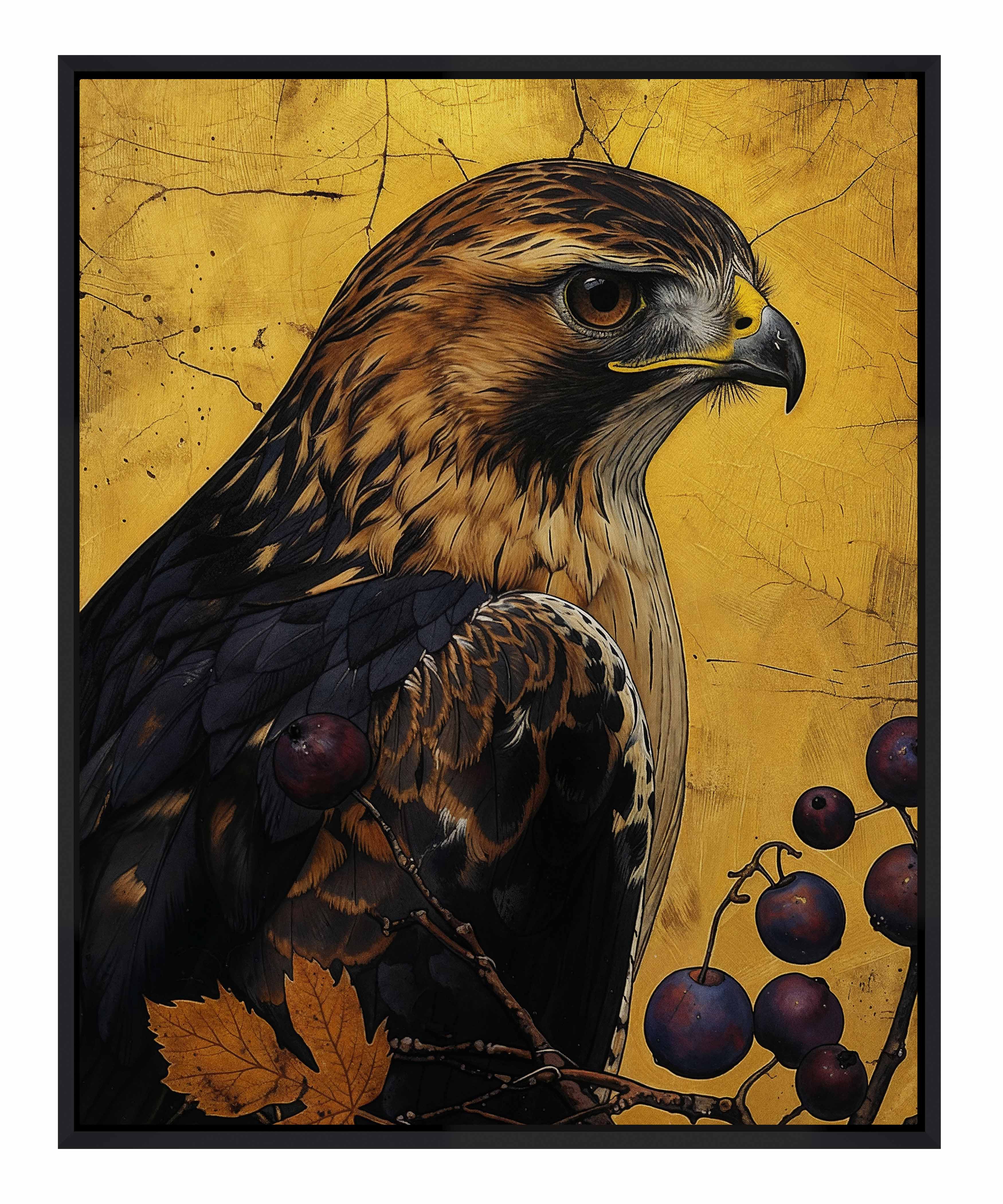 Golden Majesty Hawk Among Berries Gallery Wrapped Canvas Wall Art - Nature Inspired Home Decor for Living Room, Bedroom & Office