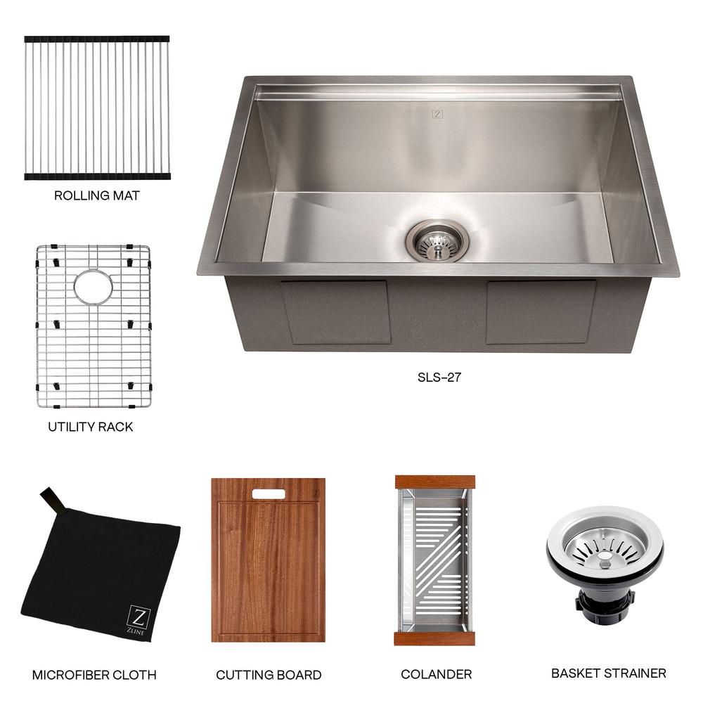 ZLINE Garmarch 27-Inch Undermount Single Bowl Stainless Steel Kitchen Sink with Bottom Grid & Accessories (SLS 27) - Perfect for Modern Kitchens, Remodeling & Heavy-Duty Cooking