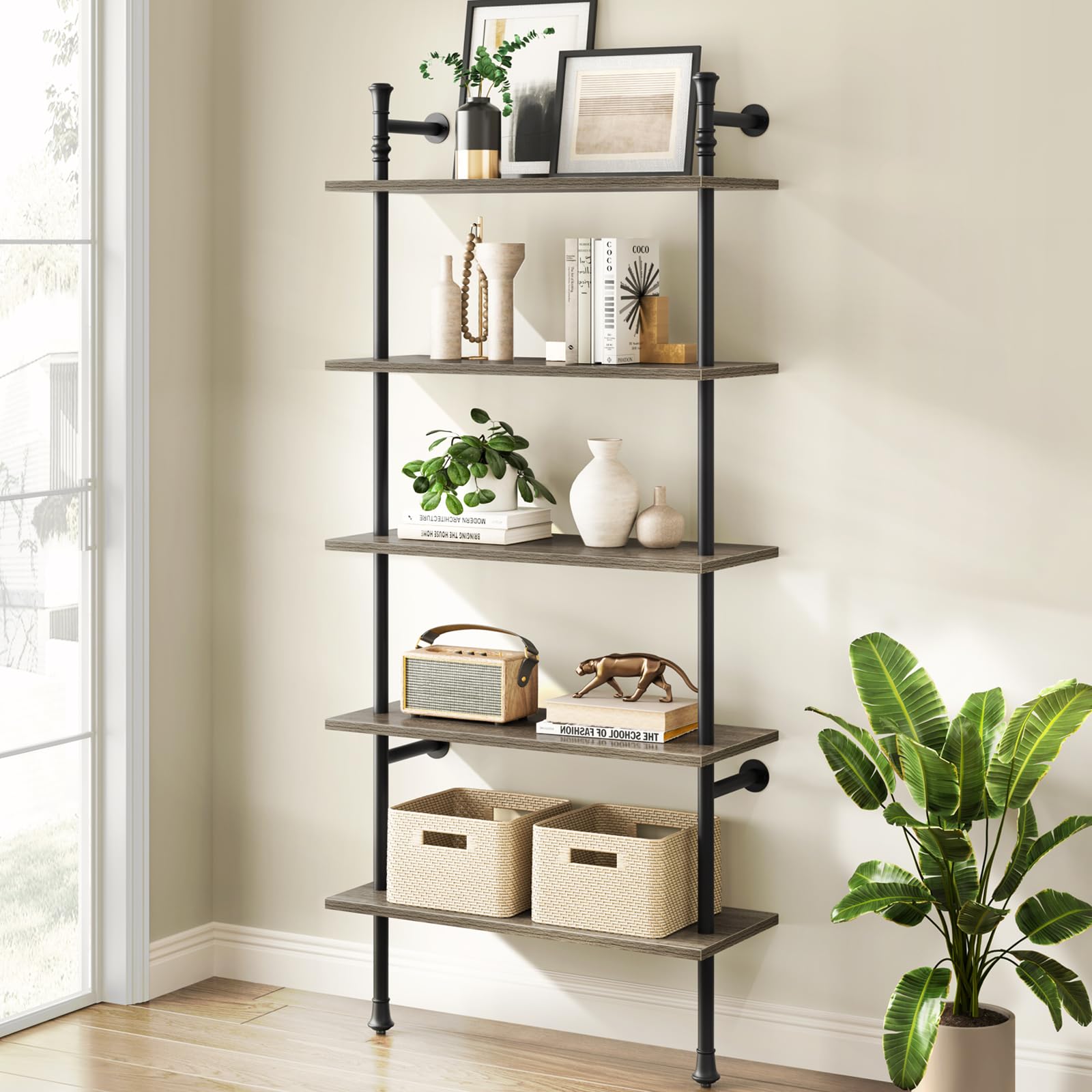 5-Tier Wall Mounted Bookshelf - Industrial Open Display Shelf, Modern Tall Leaning Bookcase for Living Room, Bedroom, Home Office & Kitchen - Oak Gray Finish | Perfect for Organizing Books, Decor & Storage in Small Spaces