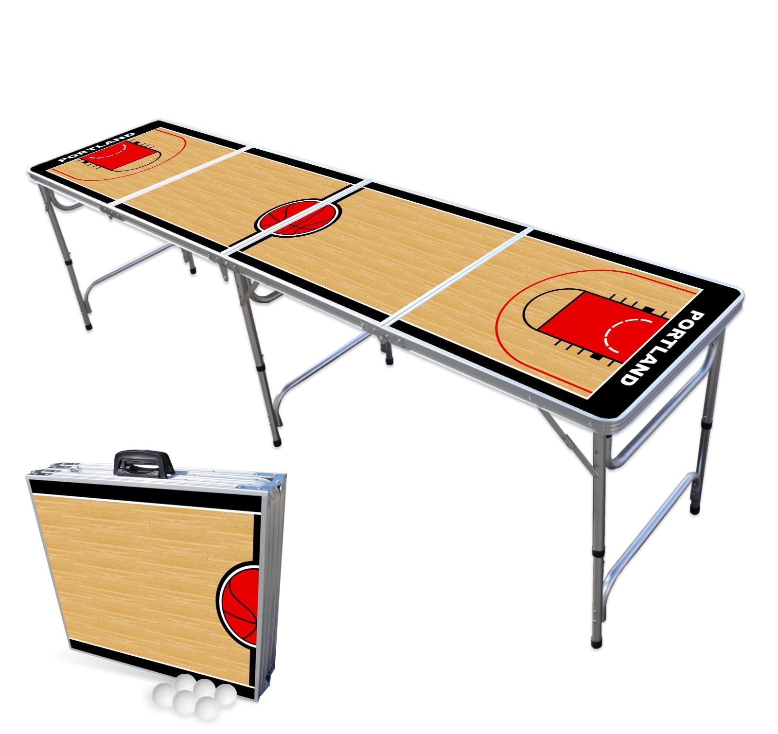 8-Foot Folding Portable Beer Pong Table with LED Lights & Optional Cup Holes - Perfect for Parties, Tailgates & Outdoor Games - Choose Your Model (Portland Basketball Court Design)
